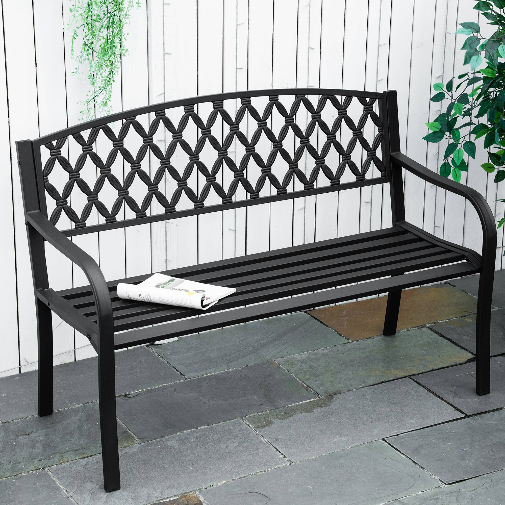 ComfortXL - Banc de jardin acier et fonte 128 cm noir 2 places dossier décoratif accoudoirs - ComfortXL Outdoor Living - Image 3
