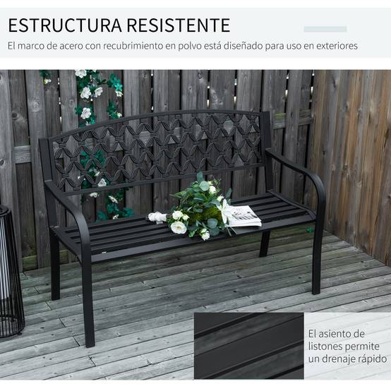 ComfortXL - Banc de jardin acier et fonte 128 cm noir 2 places dossier décoratif accoudoirs - ComfortXL Outdoor Living - Image 8