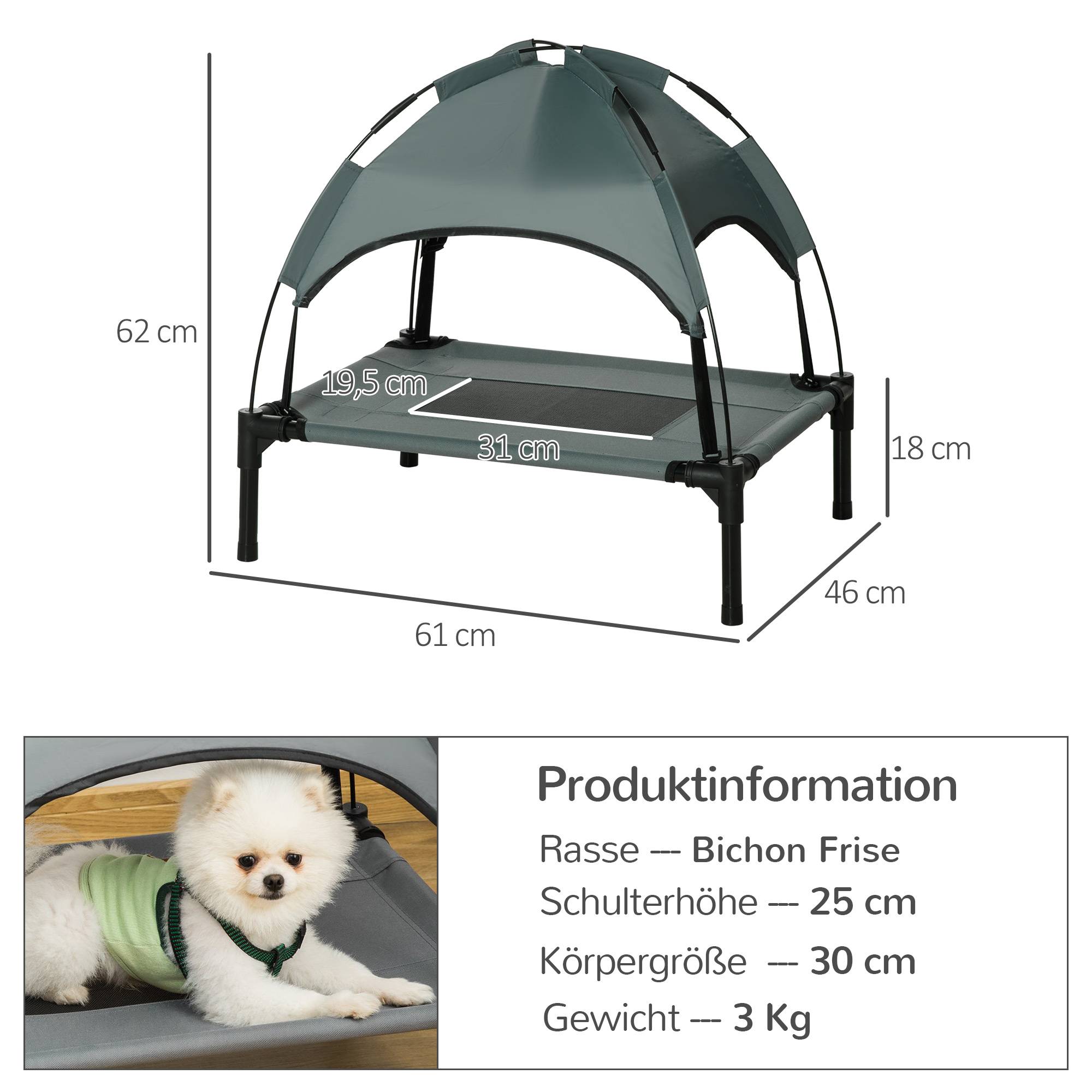 Lit pour chien avec toit, tissu respirant, métal, gris, 61 x 46 x 62 cm - PANGIVO - Image 3