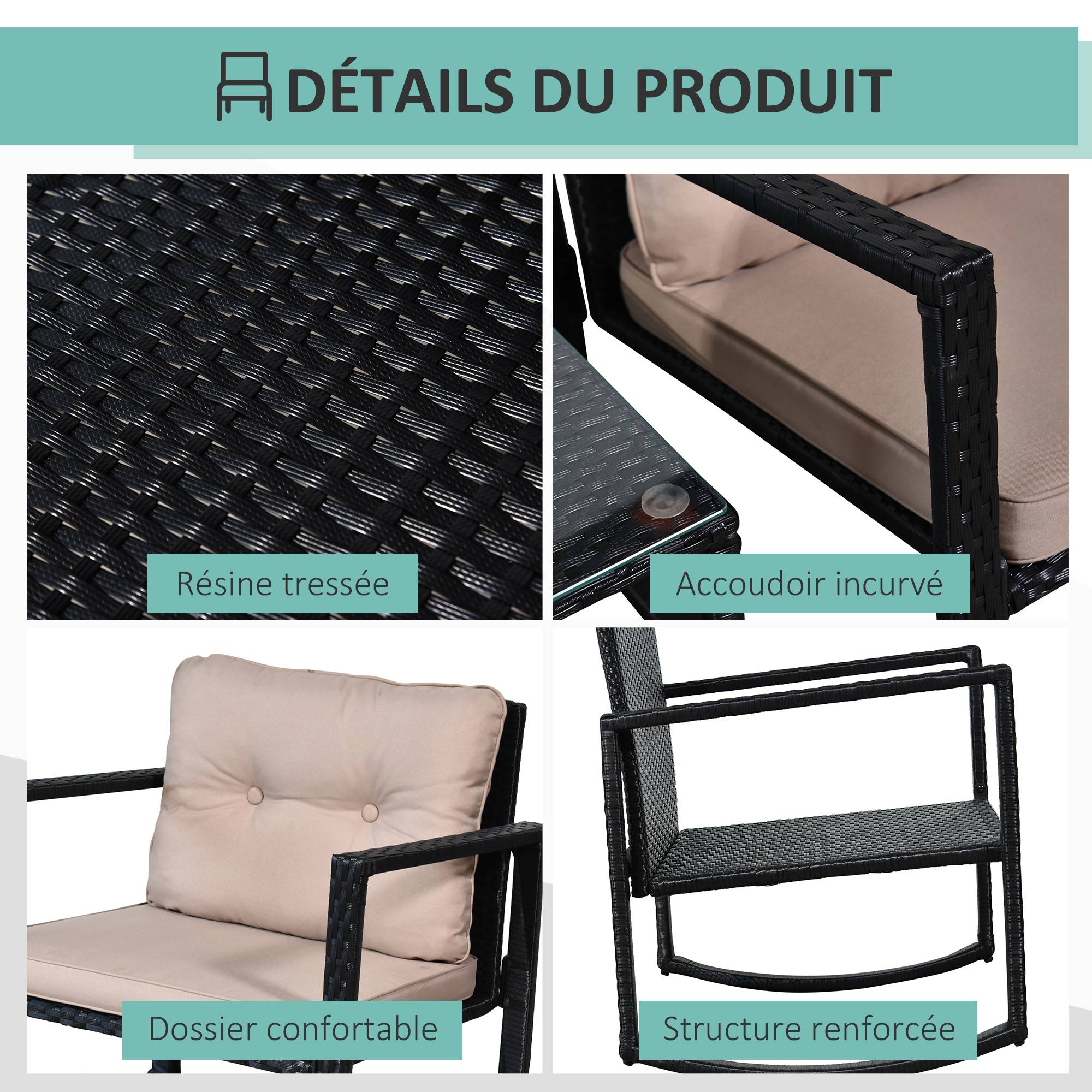 Outsunny - Ensemble de jardin 3 pièces style colonial 2 fauteuils à bascule coussins marron table basse étagère métal époxy résine tressée 4 fils noir - Outsunny - Imagen 5