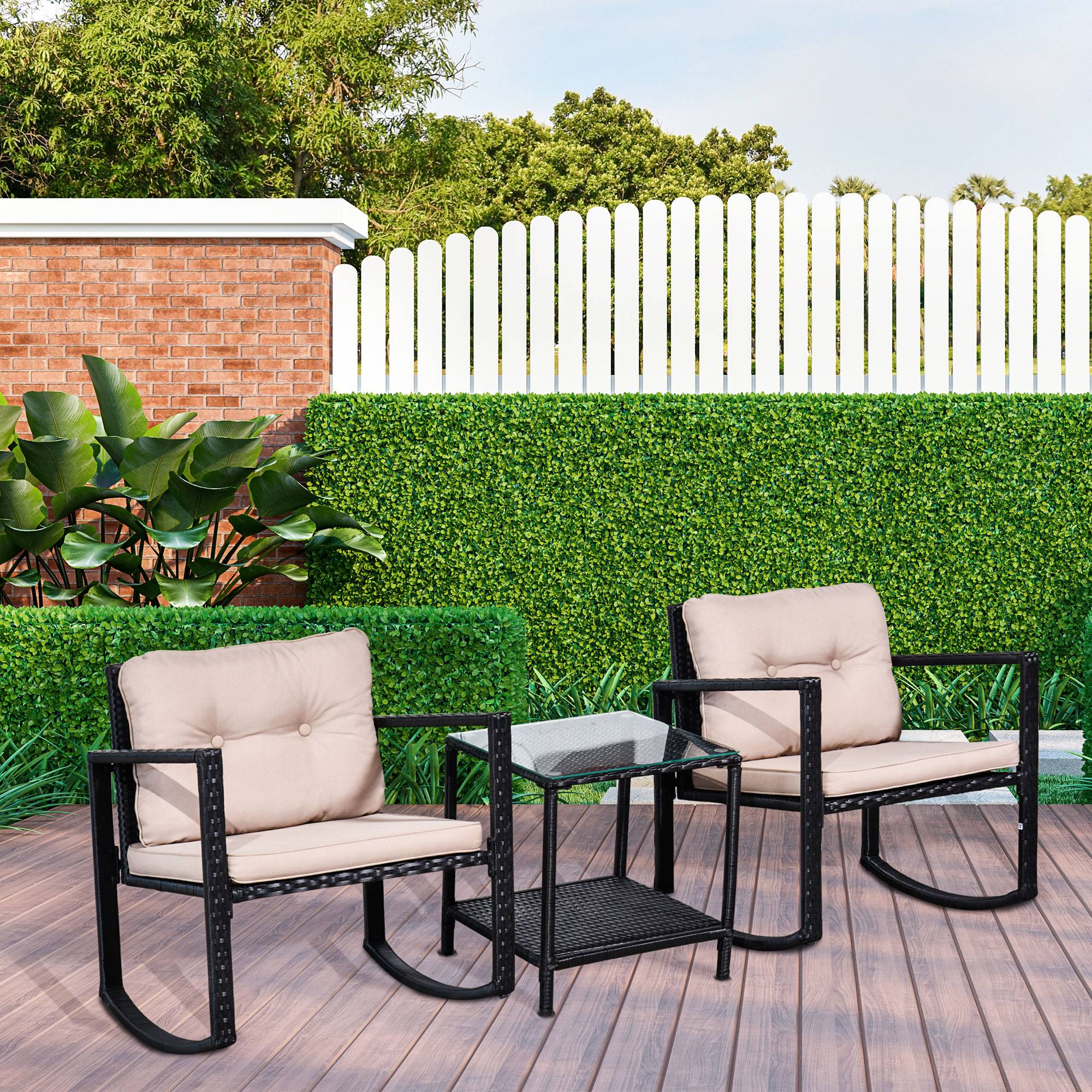 Outsunny - Ensemble de jardin 3 pièces style colonial 2 fauteuils à bascule coussins marron table basse étagère métal époxy résine tressée 4 fils noir - Outsunny - Imagen 7