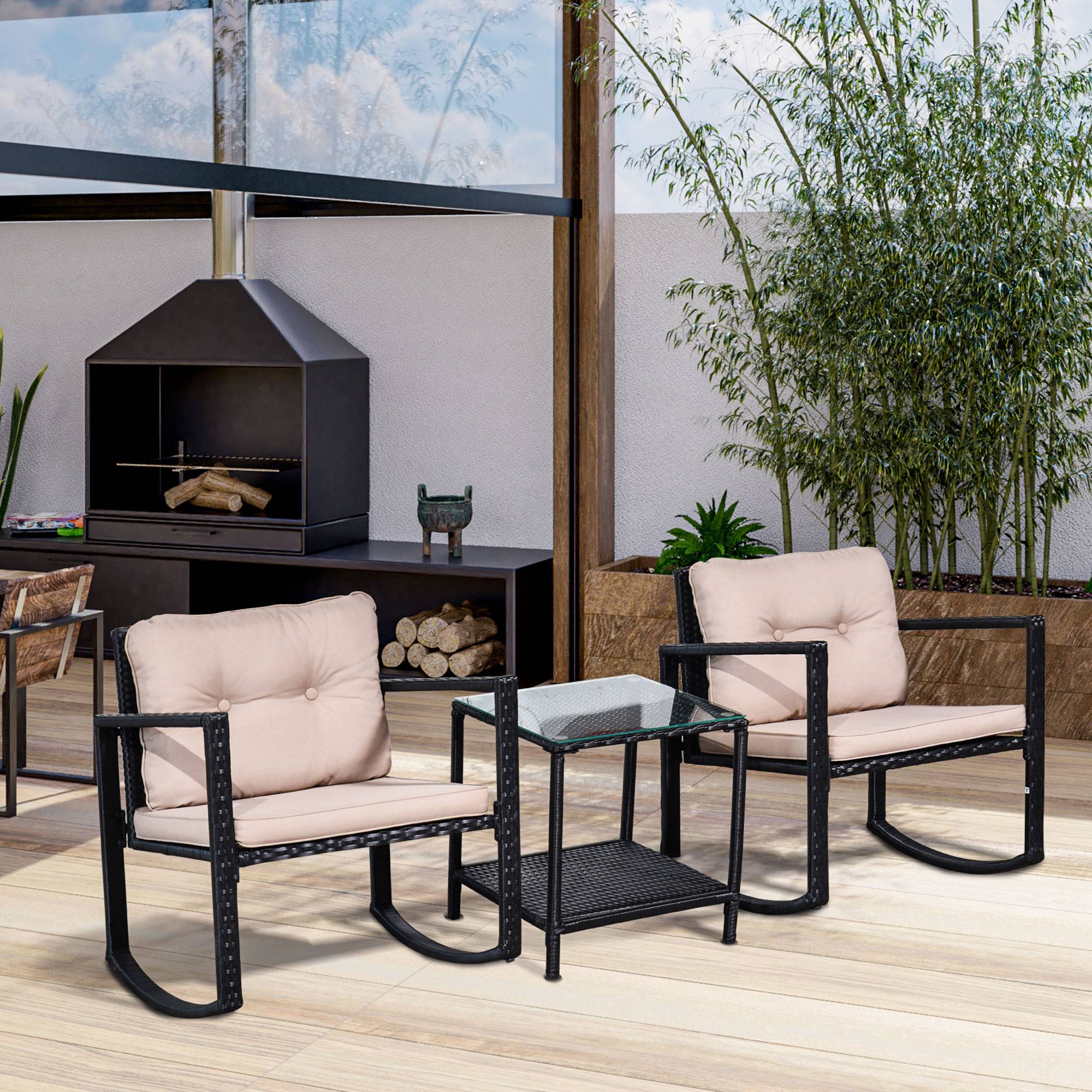 Outsunny - Ensemble de jardin 3 pièces style colonial 2 fauteuils à bascule coussins marron table basse étagère métal époxy résine tressée 4 fils noir - Outsunny - Imagen 2