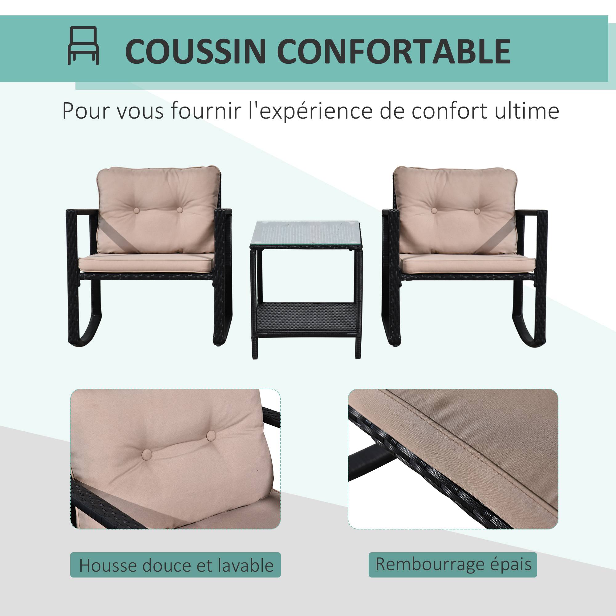 Outsunny - Ensemble de jardin 3 pièces style colonial 2 fauteuils à bascule coussins marron table basse étagère métal époxy résine tressée 4 fils noir - Outsunny - Imagen 4