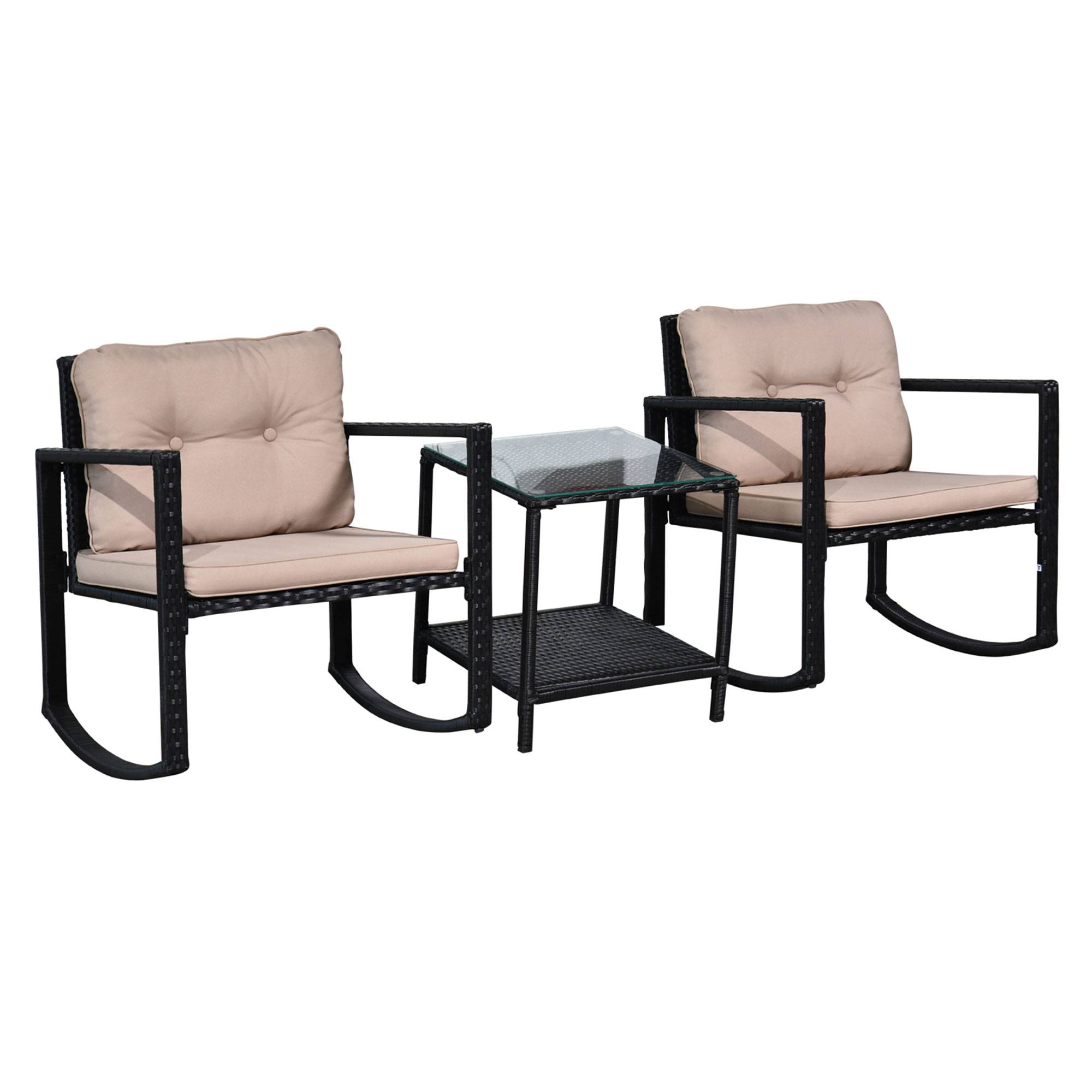 Outsunny - Ensemble de jardin 3 pièces style colonial 2 fauteuils à bascule coussins marron table basse étagère métal époxy résine tressée 4 fils noir - Outsunny - Imagen 1
