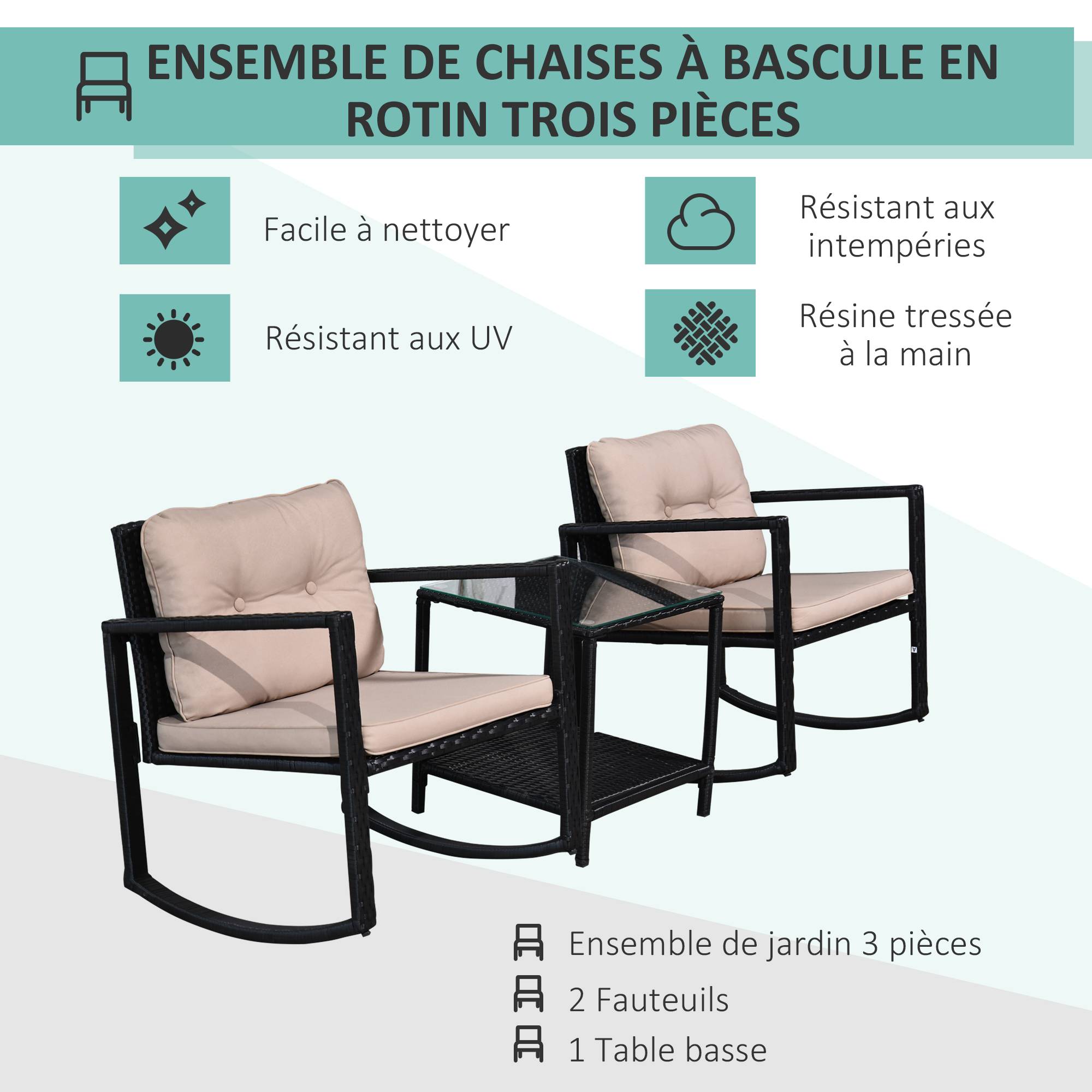 Outsunny - Ensemble de jardin 3 pièces style colonial 2 fauteuils à bascule coussins marron table basse étagère métal époxy résine tressée 4 fils noir - Outsunny - Imagen 6
