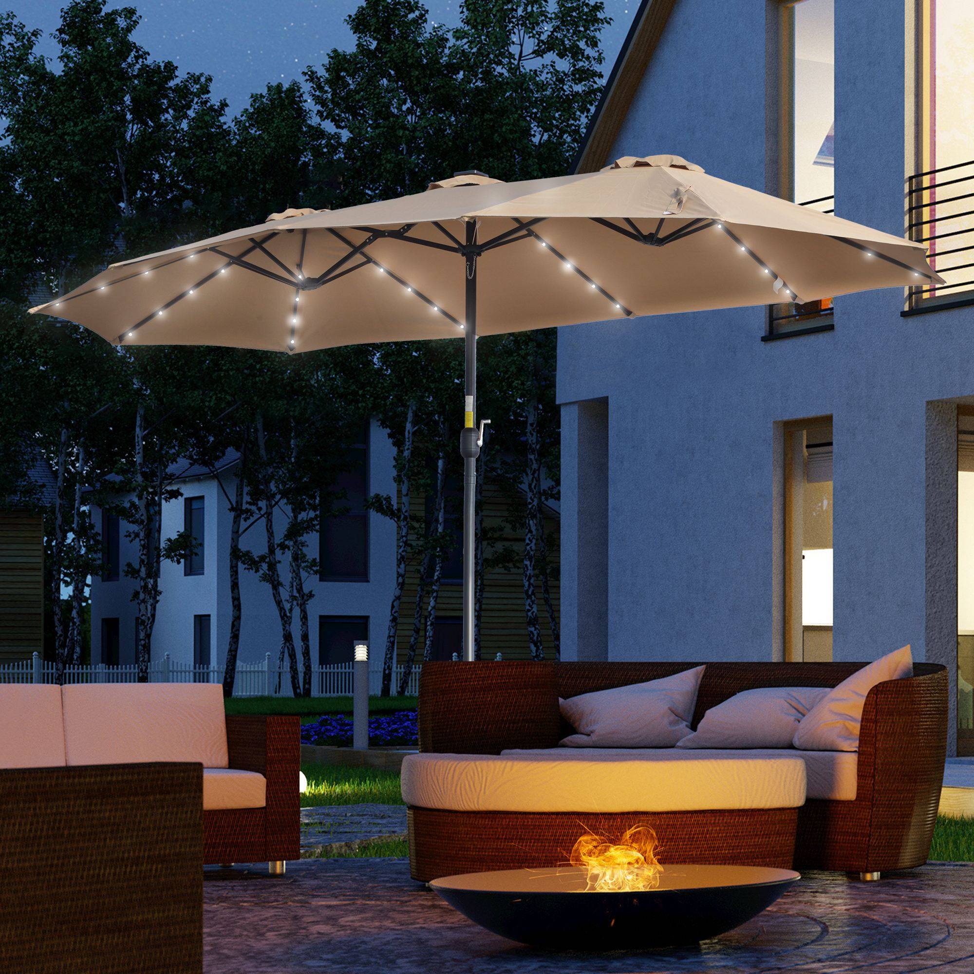 Parasol double 450 x 265 x 240 cm avec 48 LED, manivelle, protection solaire pour terrasse, balcon, piscine, kaki - Image 4