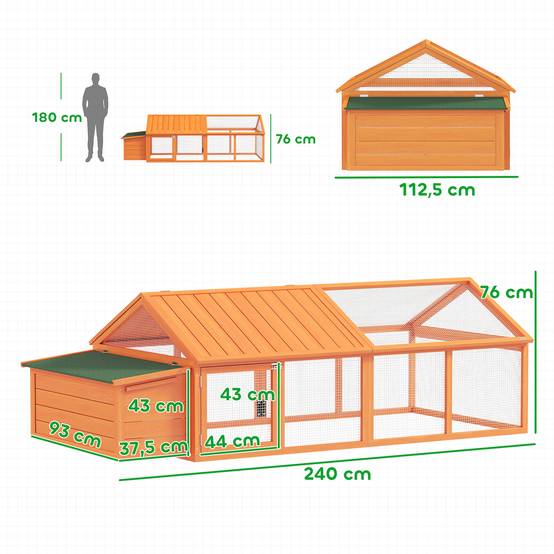 Poulailler avec enclos, 2,4x1,125x0,76 m, serrure, sapin, toit rabattable, 4-8 poules, orange - Image 2