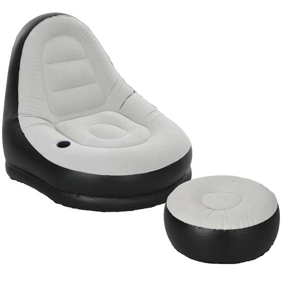 ComfortXL - Fauteuil gonflable en plastique gris 125 x 100 x 87 cm avec pouf et porte-gobelet pour détente et rangement - Image 10