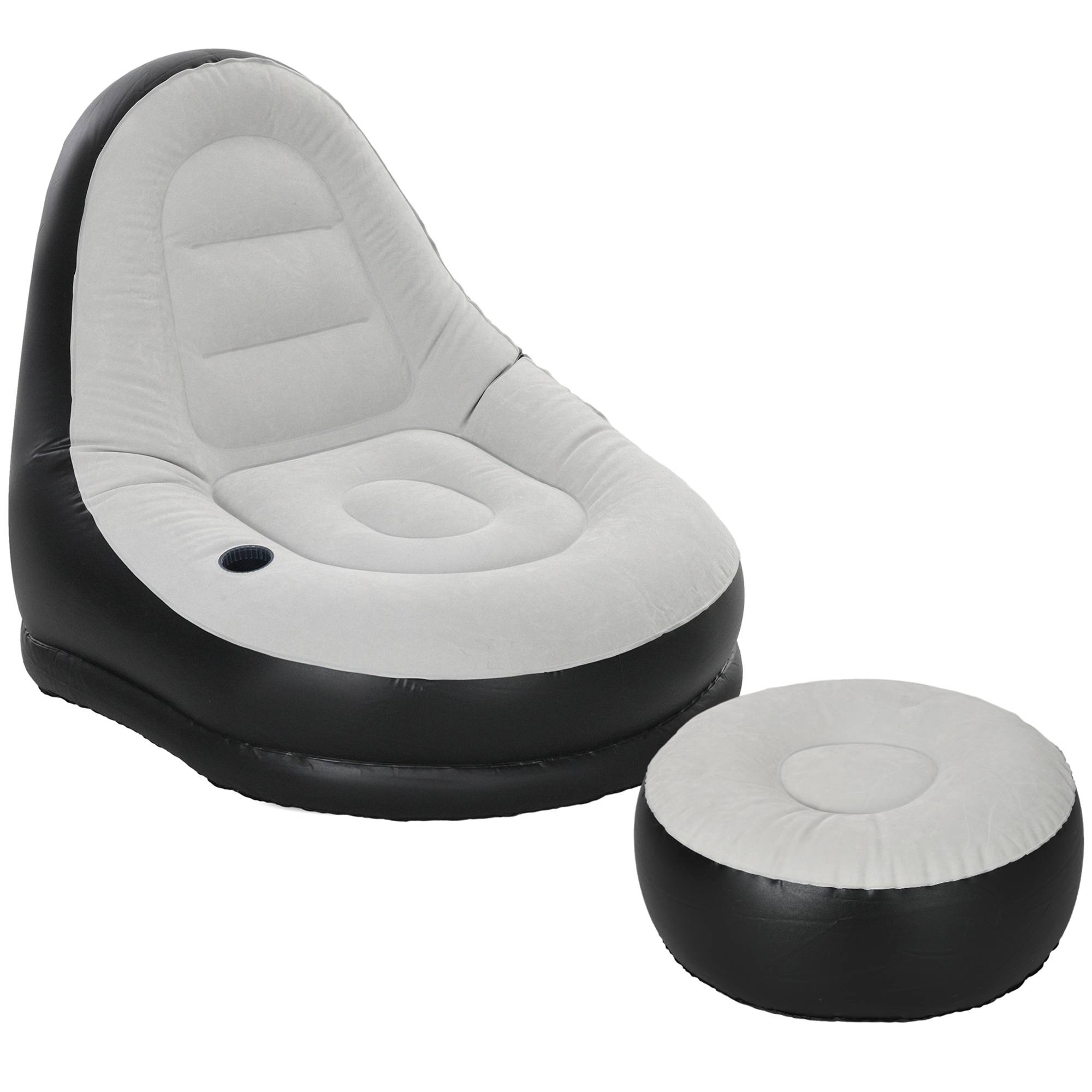 ComfortXL - Fauteuil gonflable en plastique gris 125 x 100 x 87 cm avec pouf et porte-gobelet pour détente et rangement - Image 10