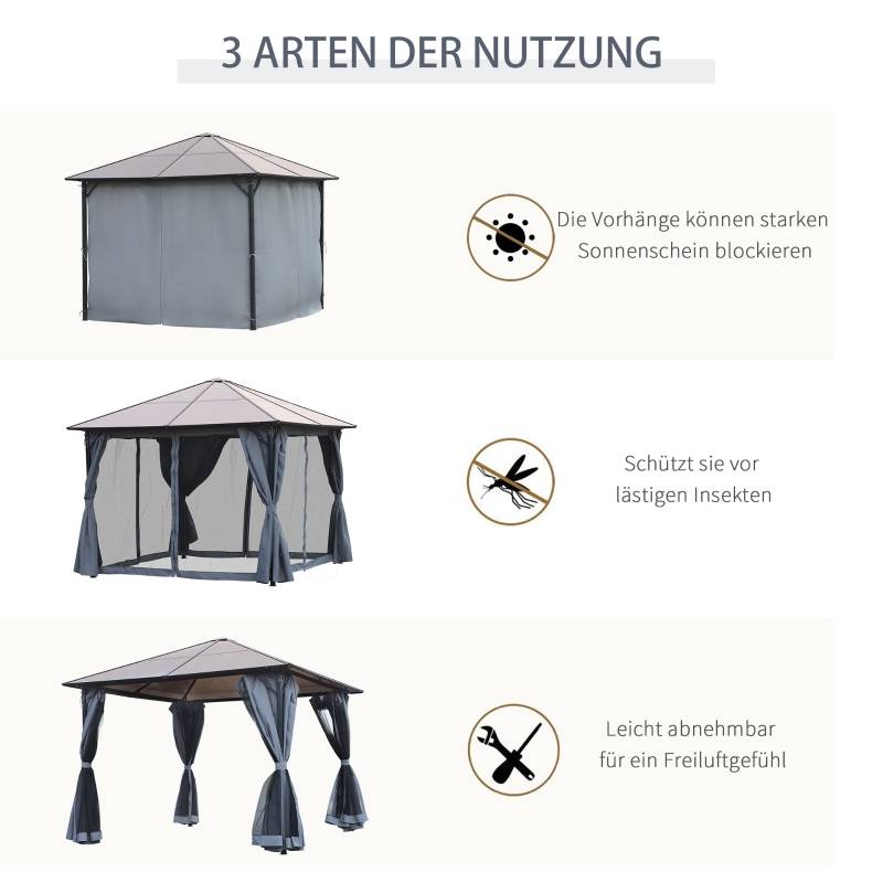 Tonnelle jardin aluminium polycarbonate terrasse rideaux moustiquaire 3x3m gris - ComfortXL Outdoor Living - Image 6
