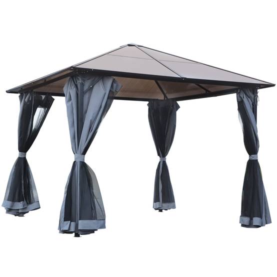 Tonnelle jardin aluminium polycarbonate terrasse rideaux moustiquaire 3x3m gris - ComfortXL Outdoor Living - Image 2