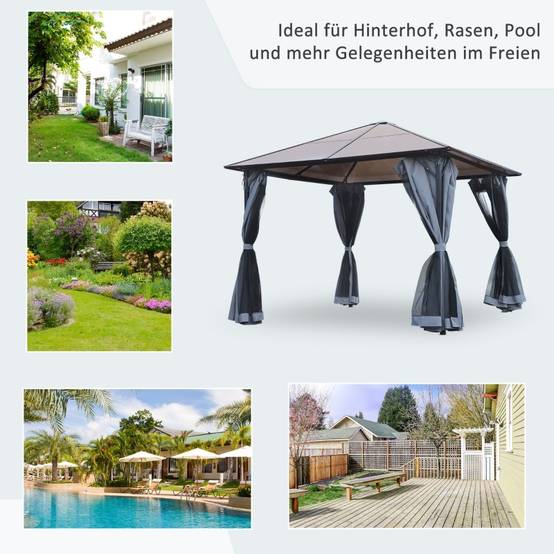 Tonnelle jardin aluminium polycarbonate terrasse rideaux moustiquaire 3x3m gris - ComfortXL Outdoor Living - Image 7