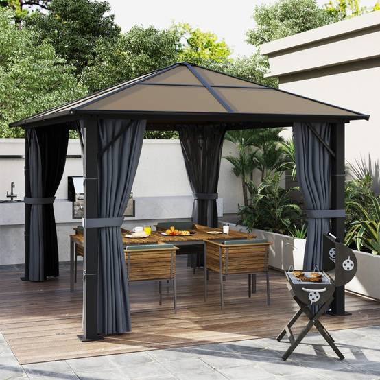 Tonnelle jardin aluminium polycarbonate terrasse rideaux moustiquaire 3x3m gris - ComfortXL Outdoor Living - Image 1