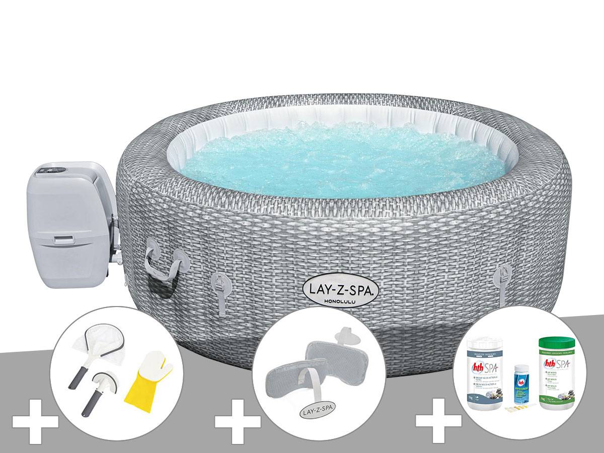 Bestway - Kit spa gonflable Bestway Lay-Z-Spa Honolulu rond Airjet 4/6 places + Kit traitement brome + 2 appuie-têtes + Kit de nettoyage