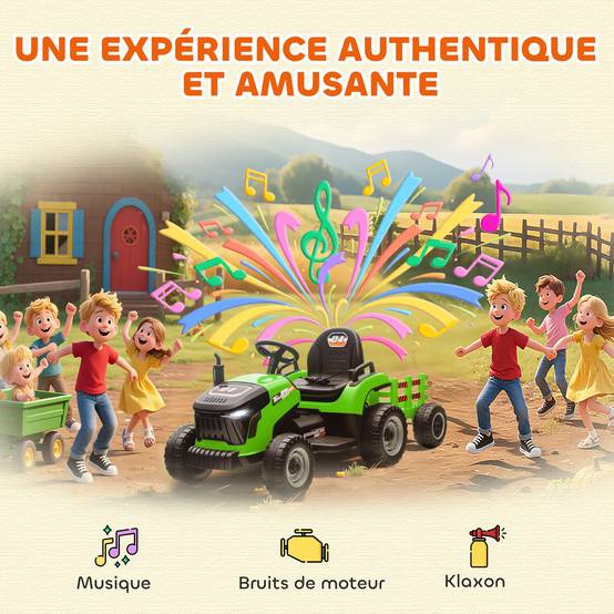 Tracteur électrique enfants avec remorque amovible, voiture électrique enfants, télécommande 2,4G, 139x58x55cm, vert - Image 10