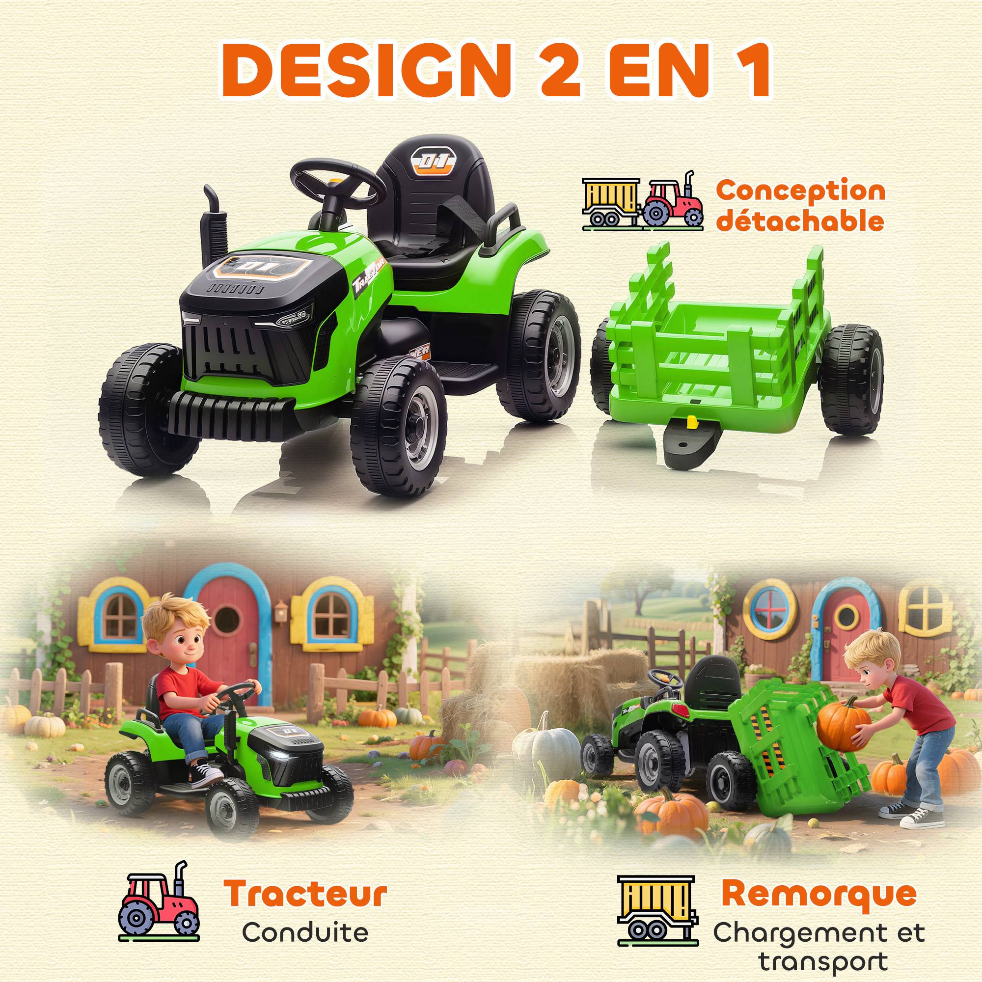 Tracteur électrique enfants avec remorque amovible, voiture électrique enfants, télécommande 2,4G, 139x58x55cm, vert - Image 7