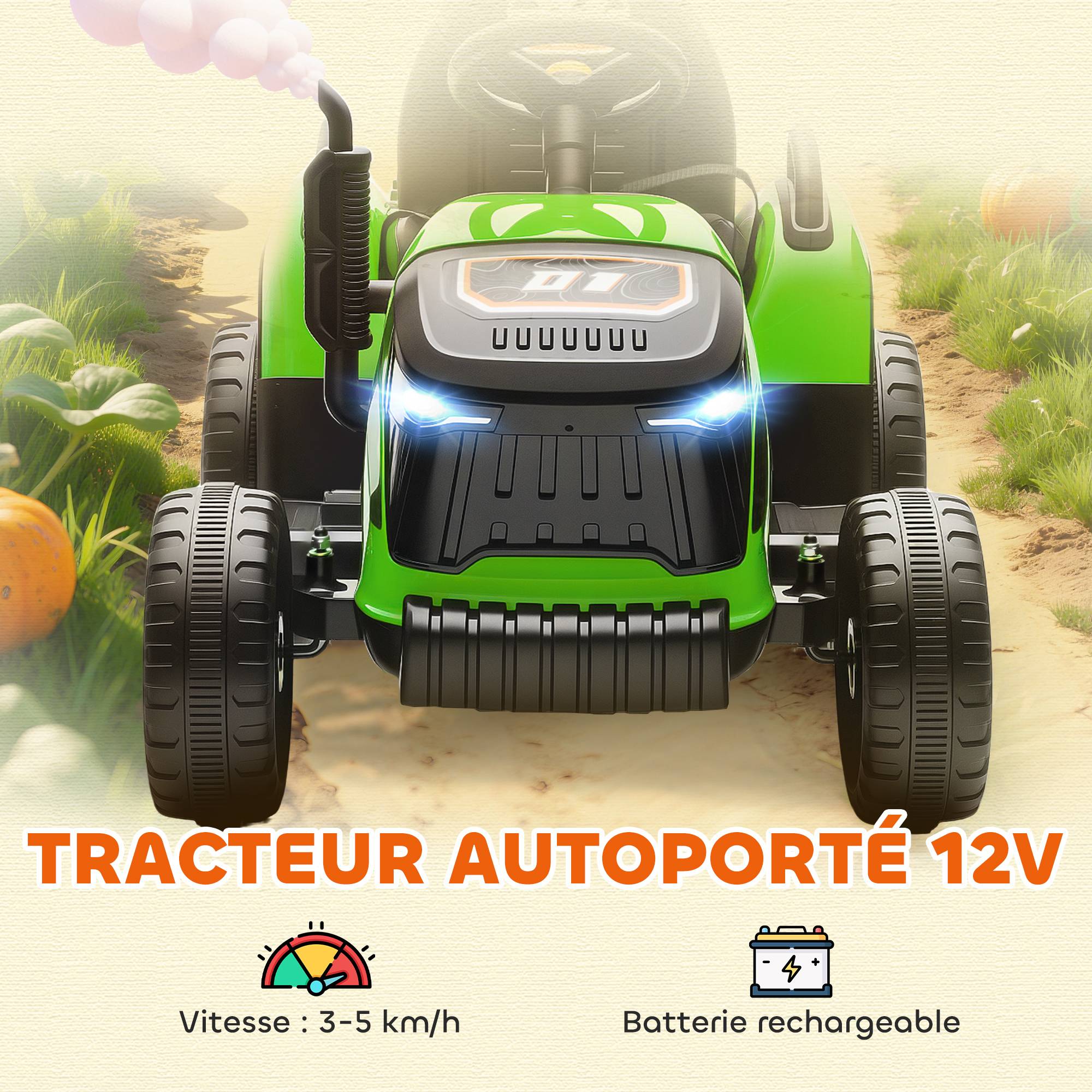 Tracteur électrique enfants avec remorque amovible, voiture électrique enfants, télécommande 2,4G, 139x58x55cm, vert - Image 6