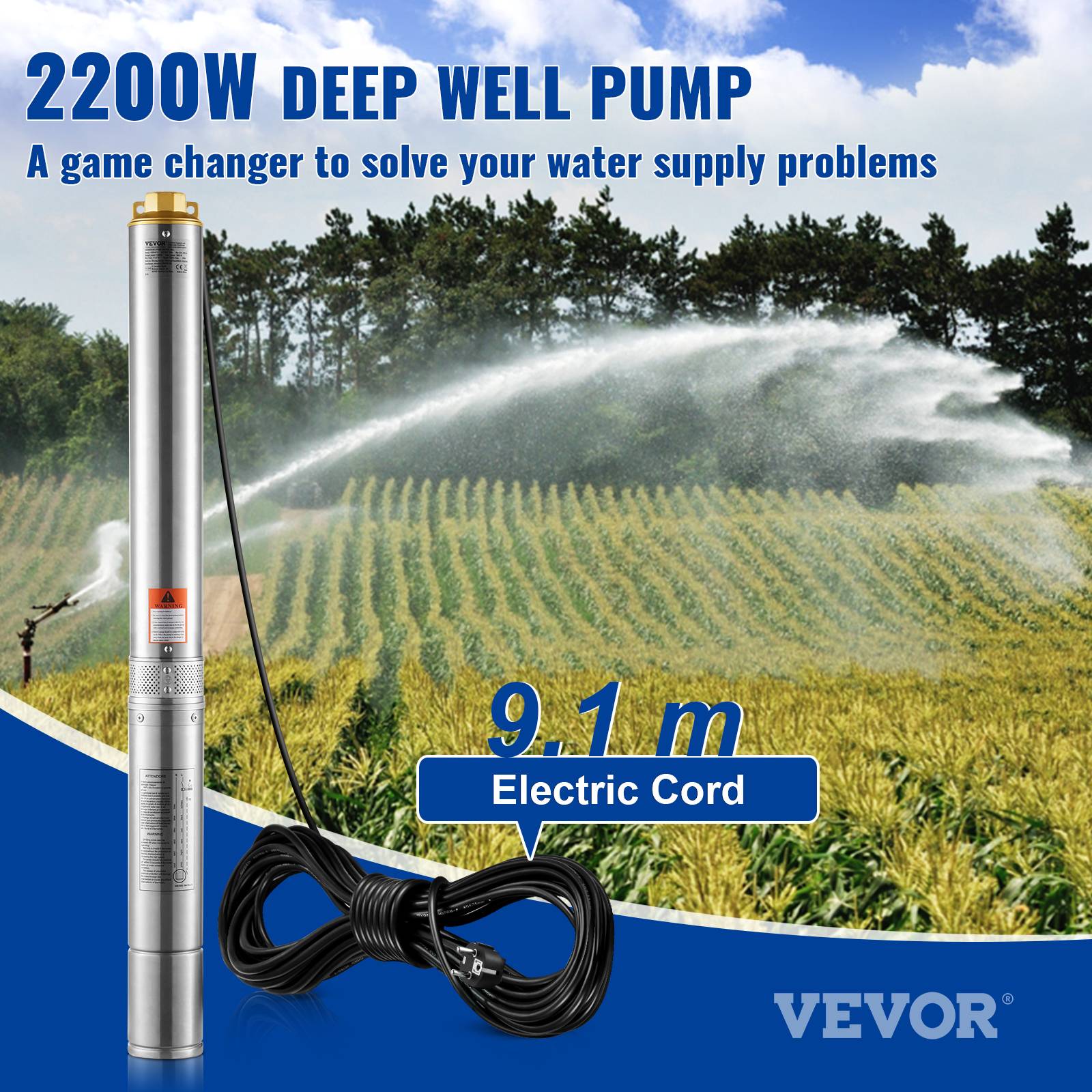 VEVOR Pompe immergée puits profond 2200W, inox, débit 9,8 m³/h, 144 m, cordon 9,1 m, IP68. - Image 2