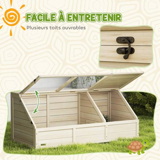 Maison enclos cage pour petit animal tortue en bois avec couvercle ouvrable, loquets, 2 espaces distincts, bois naturel - Image 9