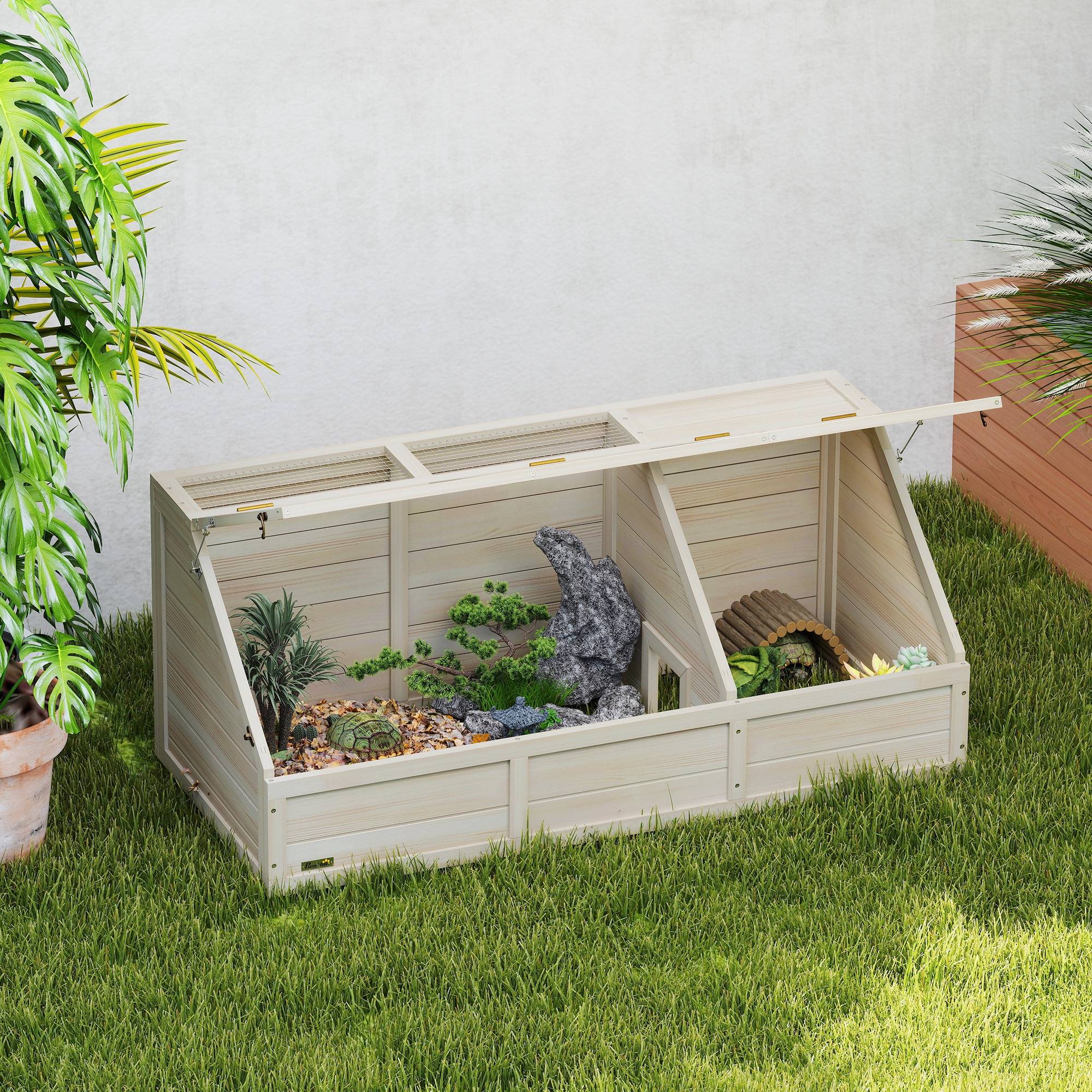 Maison enclos cage pour petit animal tortue en bois avec couvercle ouvrable, loquets, 2 espaces distincts, bois naturel - Image 3