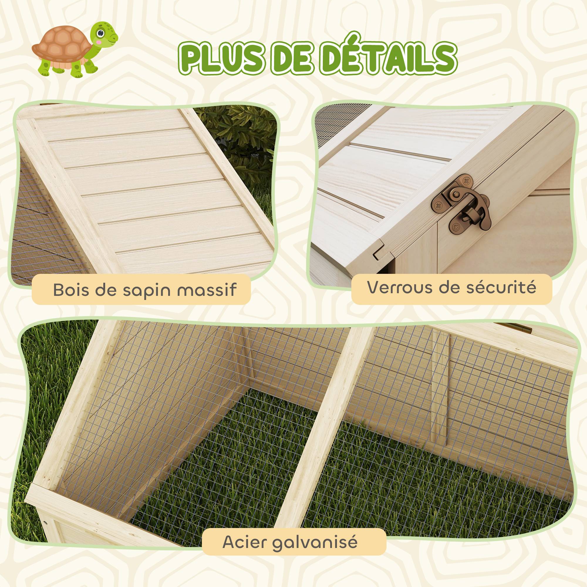 Maison enclos cage pour petit animal tortue en bois avec couvercle ouvrable, loquets, 2 espaces distincts, bois naturel - Image 10