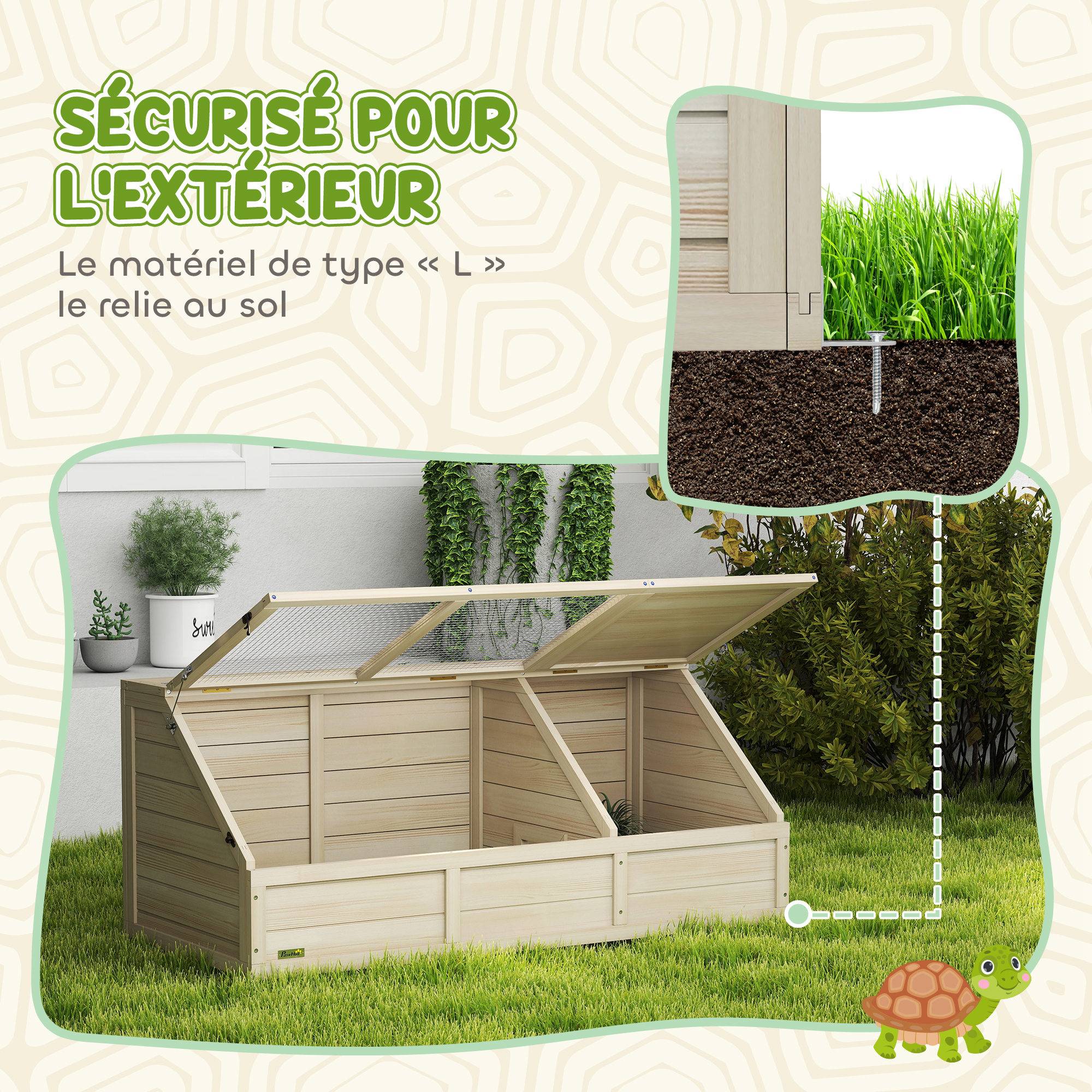 Maison enclos cage pour petit animal tortue en bois avec couvercle ouvrable, loquets, 2 espaces distincts, bois naturel - Image 6