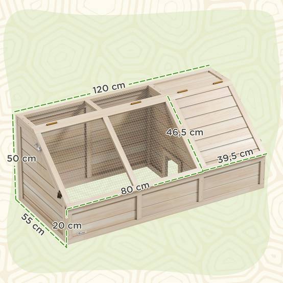 Maison enclos cage pour petit animal tortue en bois avec couvercle ouvrable, loquets, 2 espaces distincts, bois naturel - Image 5
