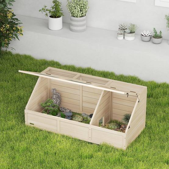 Maison enclos cage pour petit animal tortue en bois avec couvercle ouvrable, loquets, 2 espaces distincts, bois naturel - Image 4