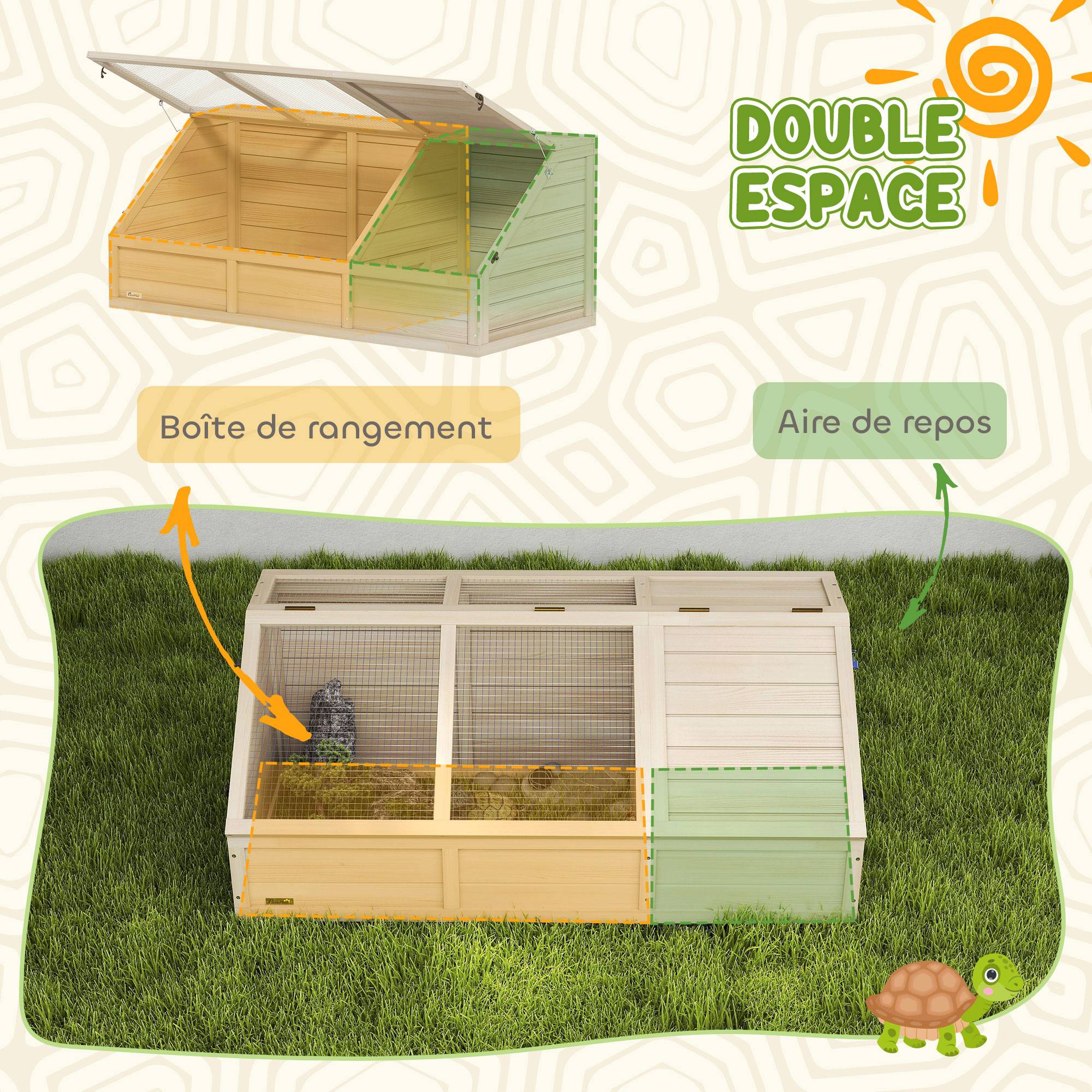 Maison enclos cage pour petit animal tortue en bois avec couvercle ouvrable, loquets, 2 espaces distincts, bois naturel - Image 8
