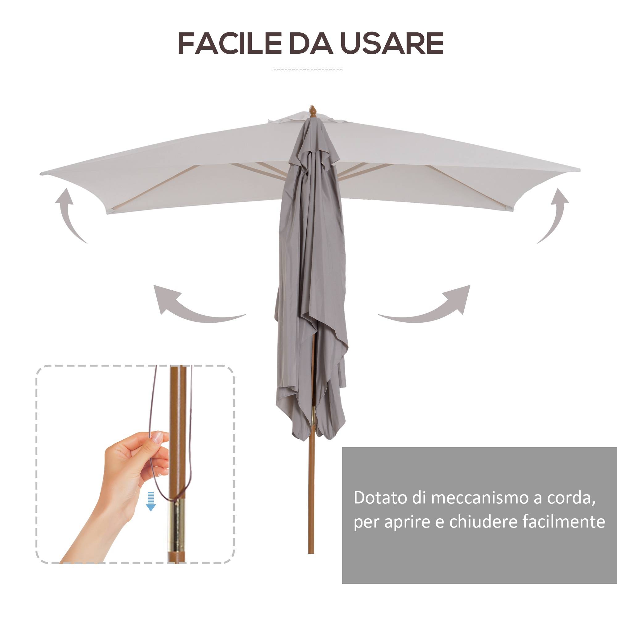 Parasol de jardin 2x3 m imperméable, en bois avec toile amovible en polyester, gris - Image 6