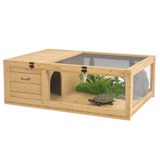 Enclos Tortue Terre Bois Sapin Intérieur Extérieur 2 Espaces 91x60cm Jaune Clair - ComfortXL Outdoor Living - Image 1