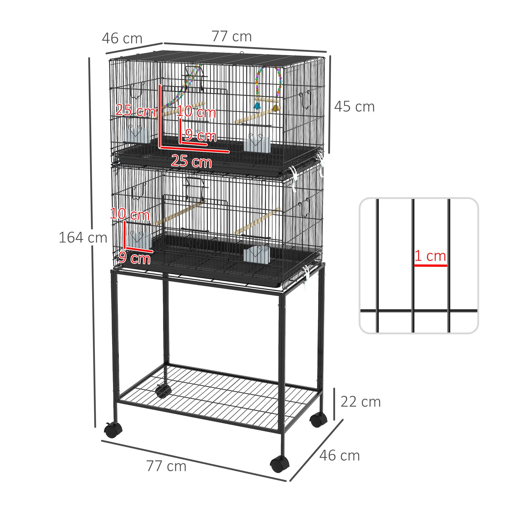 Pawhut - Double cage à oiseaux sur roulettes - étagère, plateau déjection, 4 perchoirs, 4 mangeoirs, poignée - dim. 77L x 46l x 164H cm acier noir - Image 3