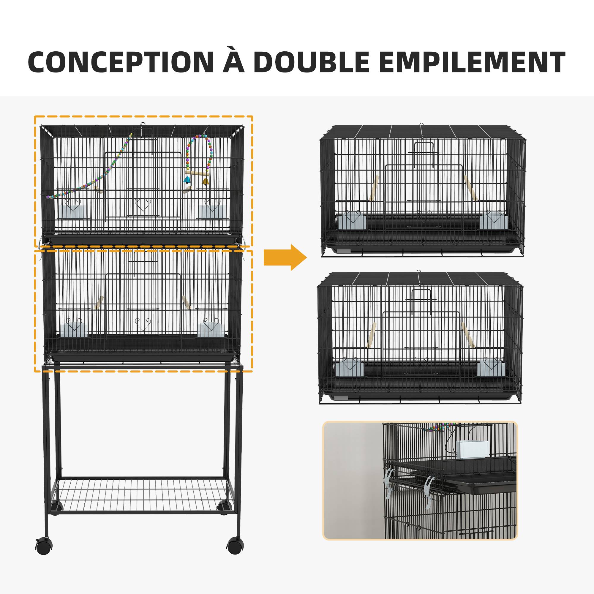 Pawhut - Double cage à oiseaux sur roulettes - étagère, plateau déjection, 4 perchoirs, 4 mangeoirs, poignée - dim. 77L x 46l x 164H cm acier noir - Image 7