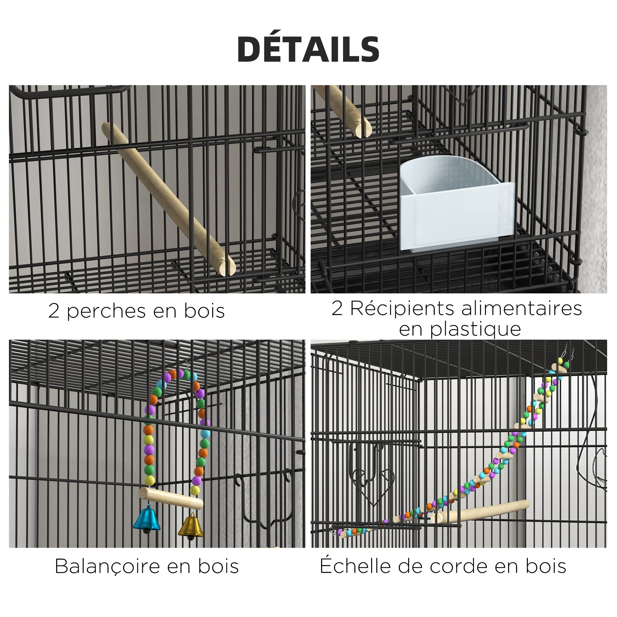 Pawhut - Double cage à oiseaux sur roulettes - étagère, plateau déjection, 4 perchoirs, 4 mangeoirs, poignée - dim. 77L x 46l x 164H cm acier noir - Image 6