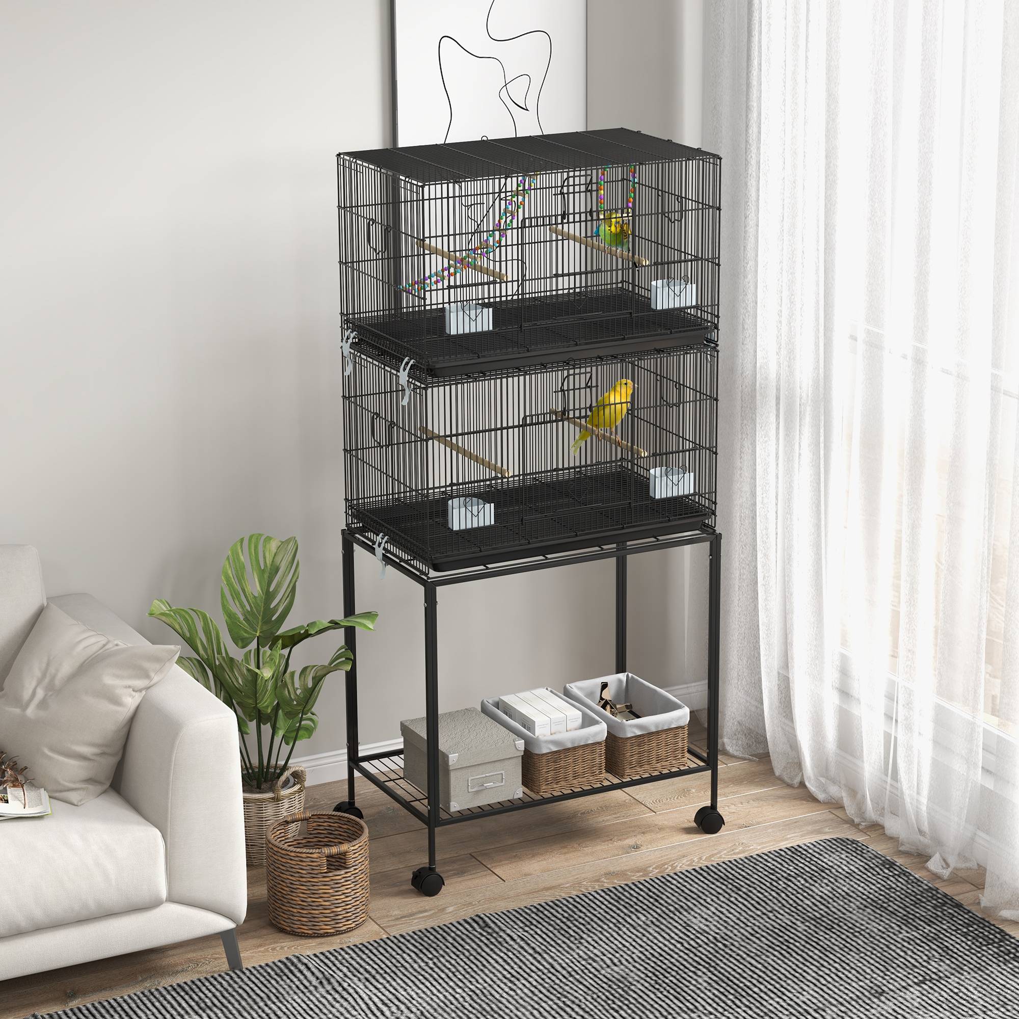 Pawhut - Double cage à oiseaux sur roulettes - étagère, plateau déjection, 4 perchoirs, 4 mangeoirs, poignée - dim. 77L x 46l x 164H cm acier noir - Image 2