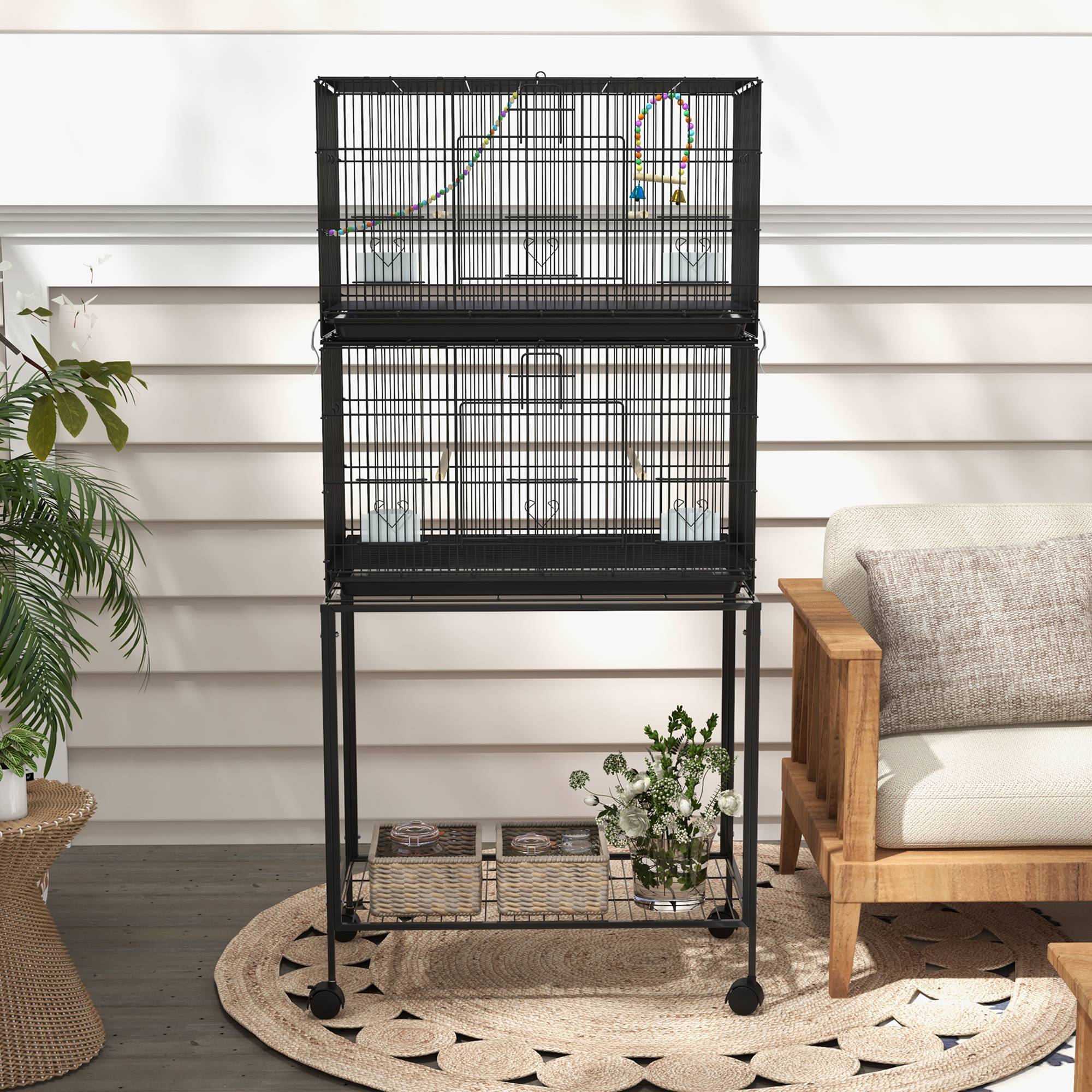 Pawhut - Double cage à oiseaux sur roulettes - étagère, plateau déjection, 4 perchoirs, 4 mangeoirs, poignée - dim. 77L x 46l x 164H cm acier noir - Image 9