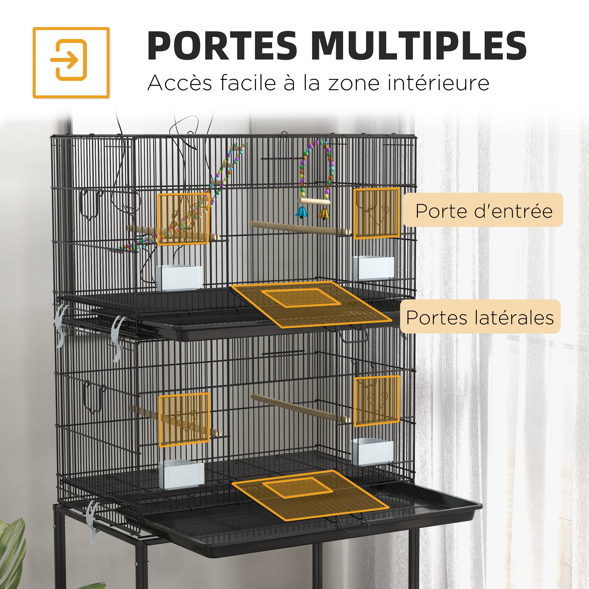 Pawhut - Double cage à oiseaux sur roulettes - étagère, plateau déjection, 4 perchoirs, 4 mangeoirs, poignée - dim. 77L x 46l x 164H cm acier noir - Image 5