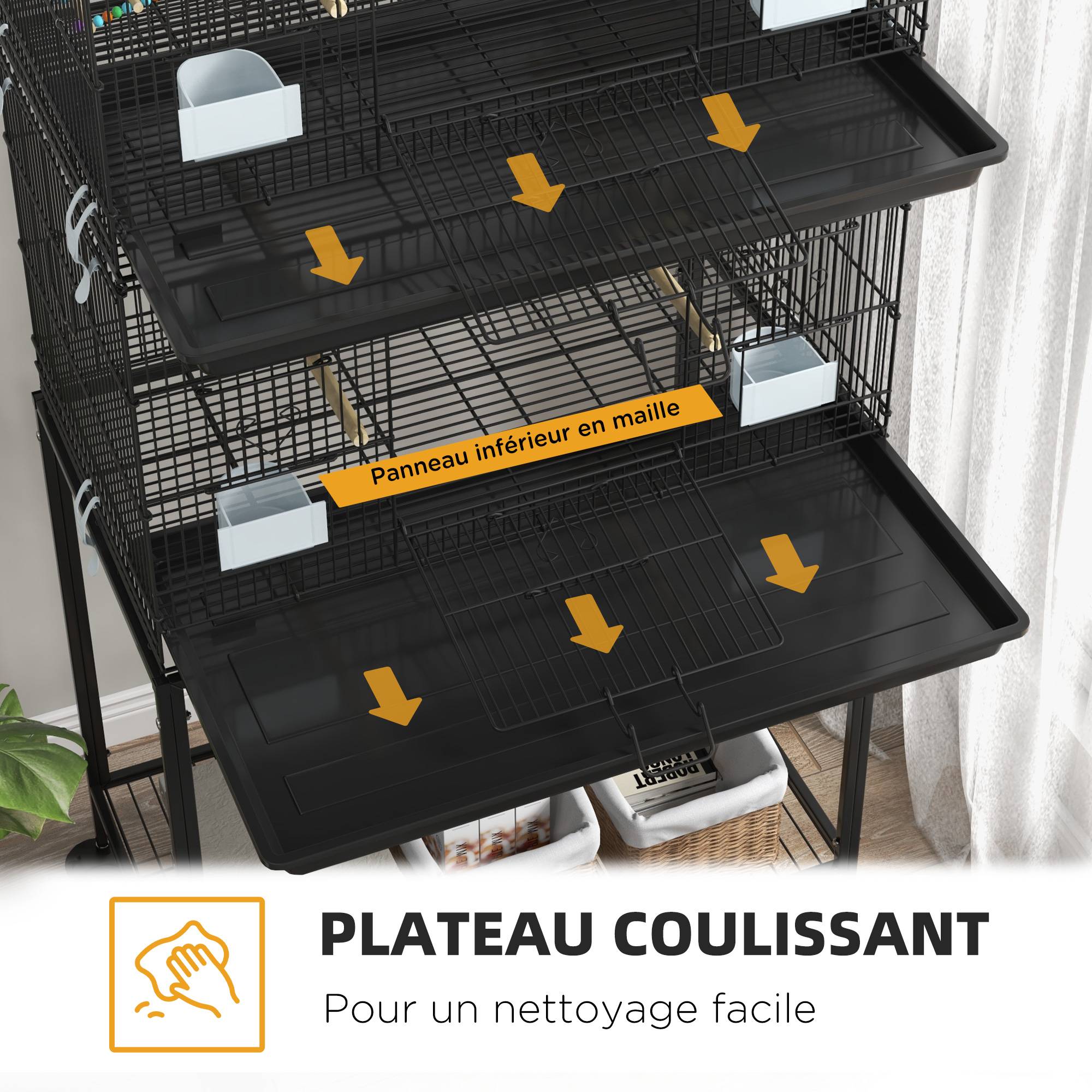 Pawhut - Double cage à oiseaux sur roulettes - étagère, plateau déjection, 4 perchoirs, 4 mangeoirs, poignée - dim. 77L x 46l x 164H cm acier noir - Image 4
