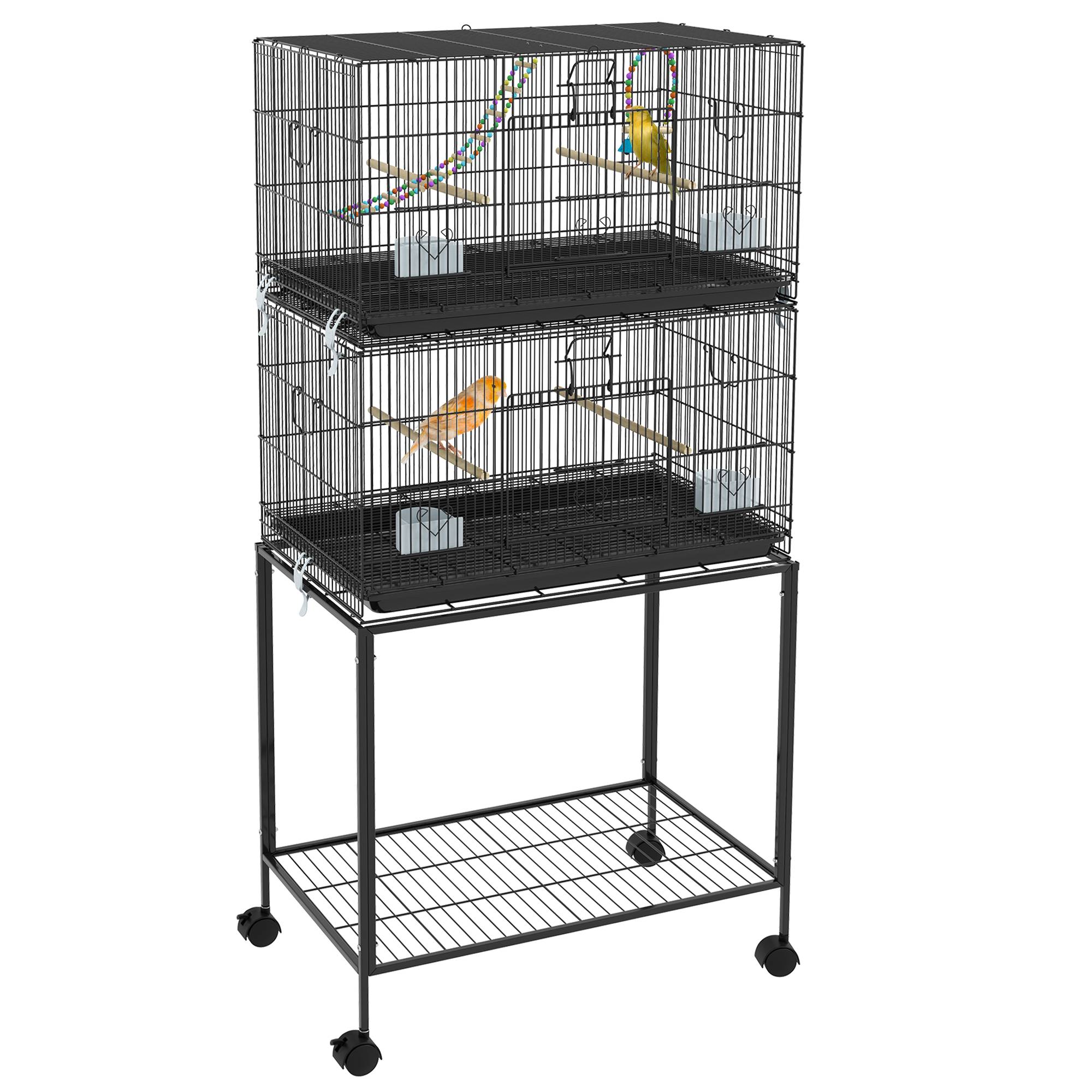 Pawhut - Double cage à oiseaux sur roulettes - étagère, plateau déjection, 4 perchoirs, 4 mangeoirs, poignée - dim. 77L x 46l x 164H cm acier noir - Image 1