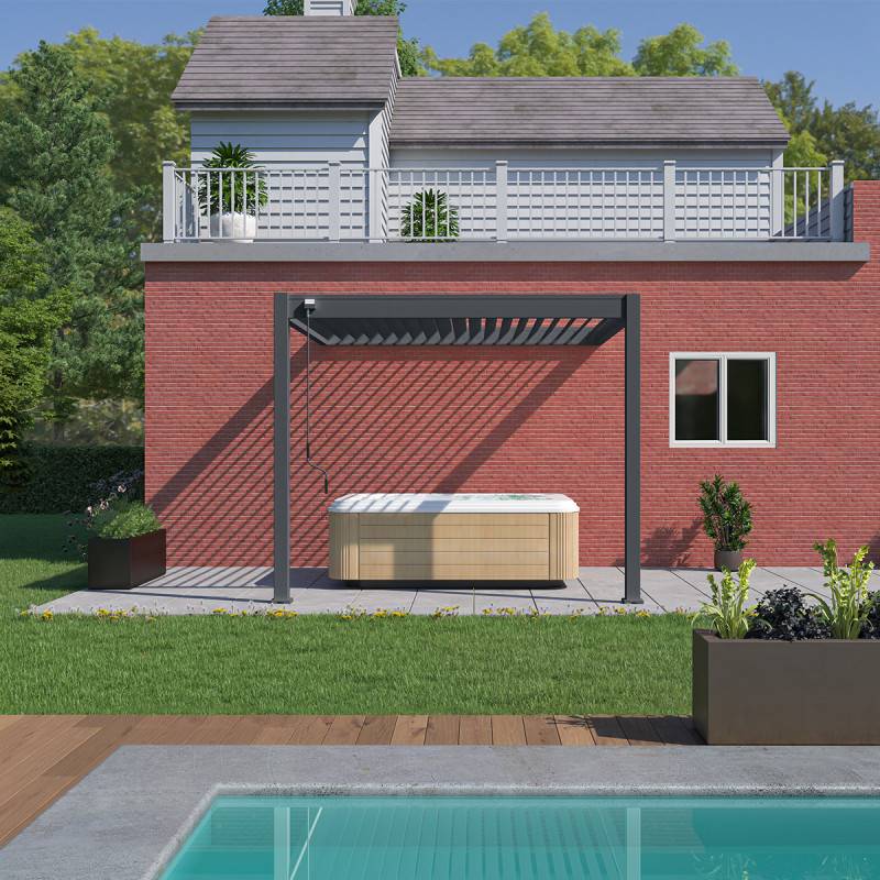 Ombrea - Pergola bioclimatique adossée 3x3 m en aluminium anthracite avec lames orientables et 1 store latéral – Ombrea