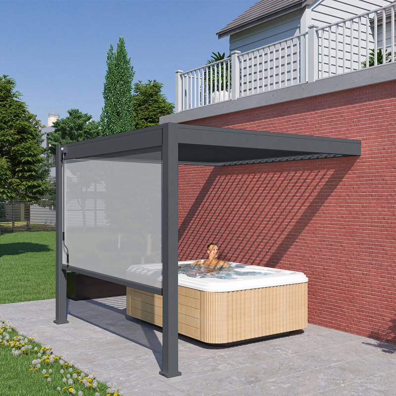 Ombrea - Pergola bioclimatique adossée 3x3 m en aluminium anthracite avec lames orientables et 1 store latéral – Ombrea - Image 3