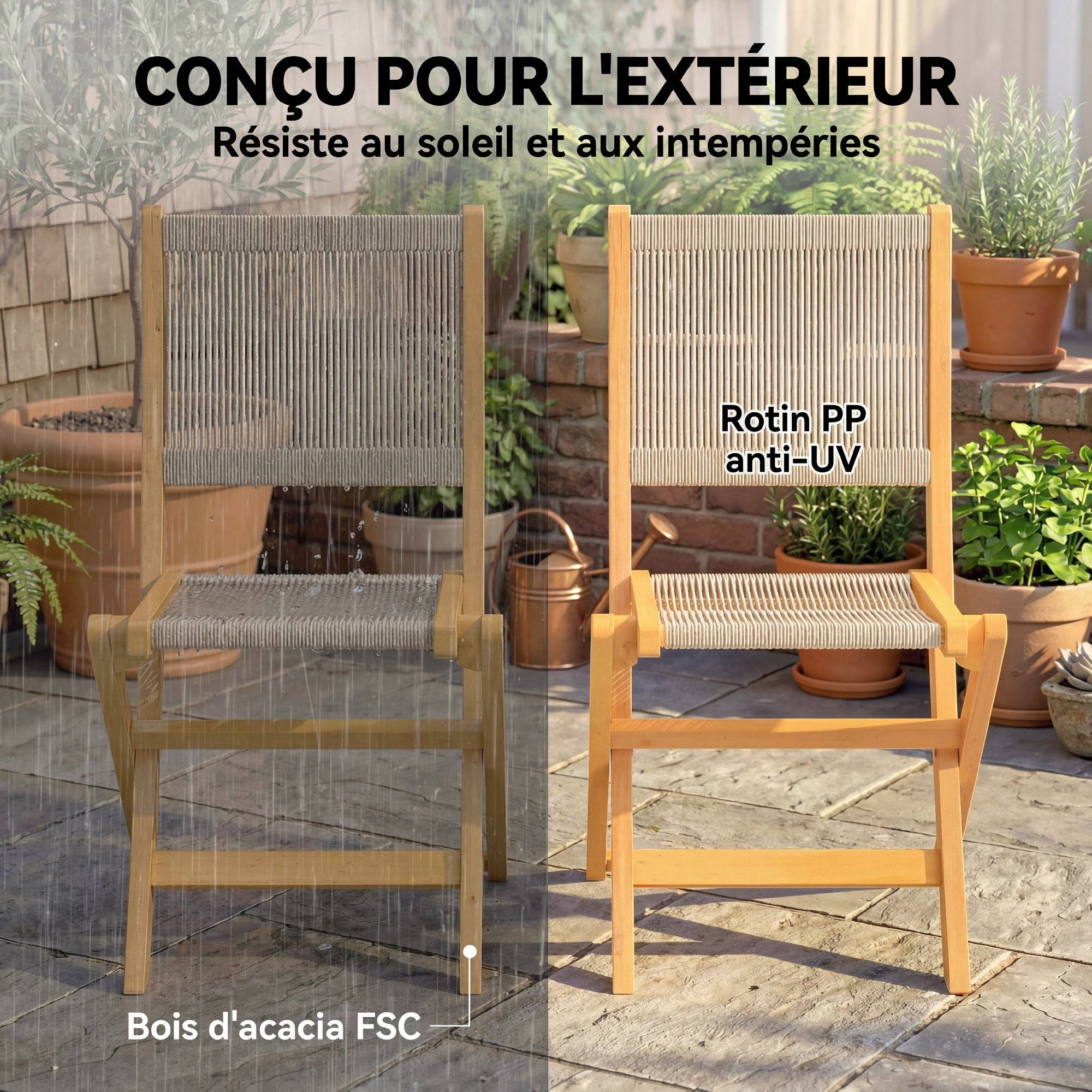 Lot de 2 Chaises de Jardin Pliantes Chaises de Balcon en Bois d'Acacia Assise en Corde Tressée Naturel et Beige - Image 7