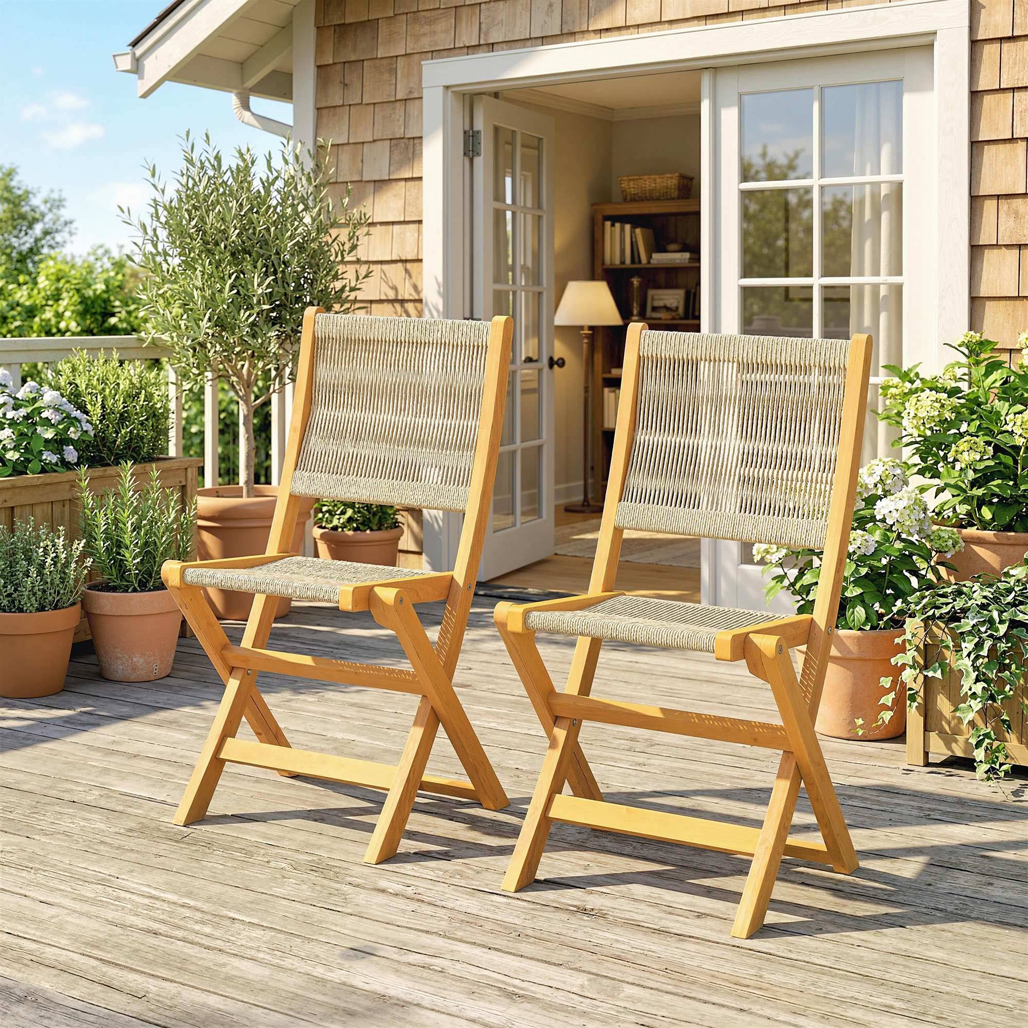 Lot de 2 Chaises de Jardin Pliantes Chaises de Balcon en Bois d'Acacia Assise en Corde Tressée Naturel et Beige - Image 3