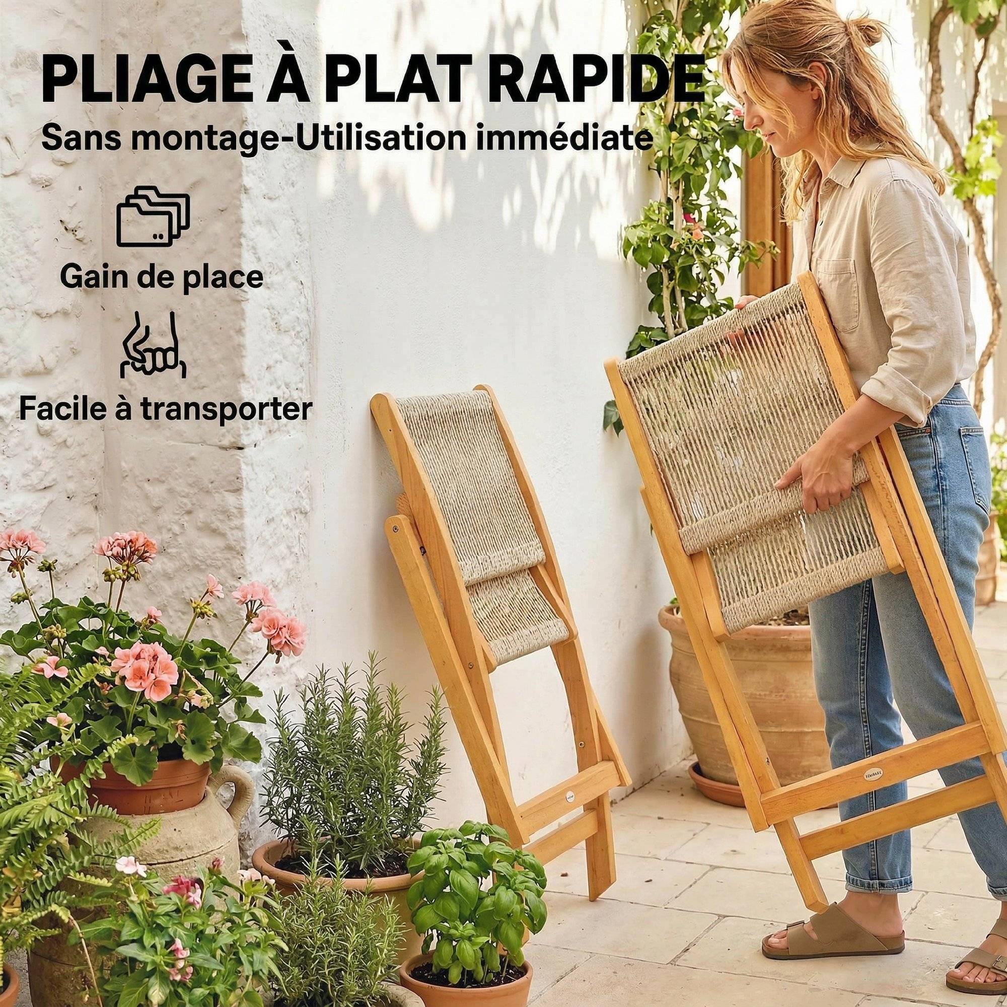 Lot de 2 Chaises de Jardin Pliantes Chaises de Balcon en Bois d'Acacia Assise en Corde Tressée Naturel et Beige - Image 8