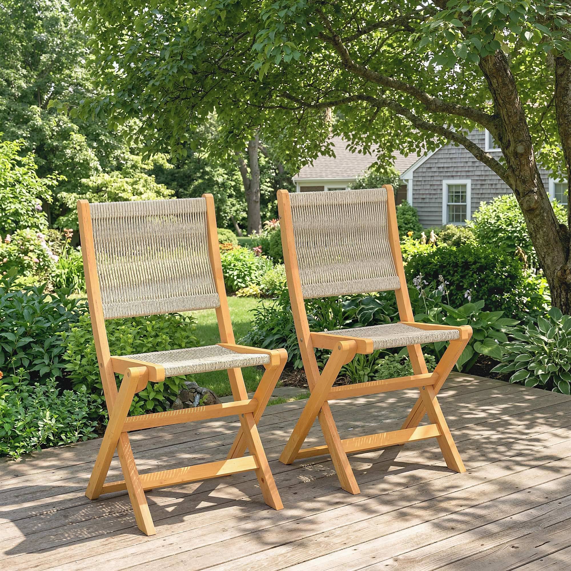 Lot de 2 Chaises de Jardin Pliantes Chaises de Balcon en Bois d'Acacia Assise en Corde Tressée Naturel et Beige - Image 4