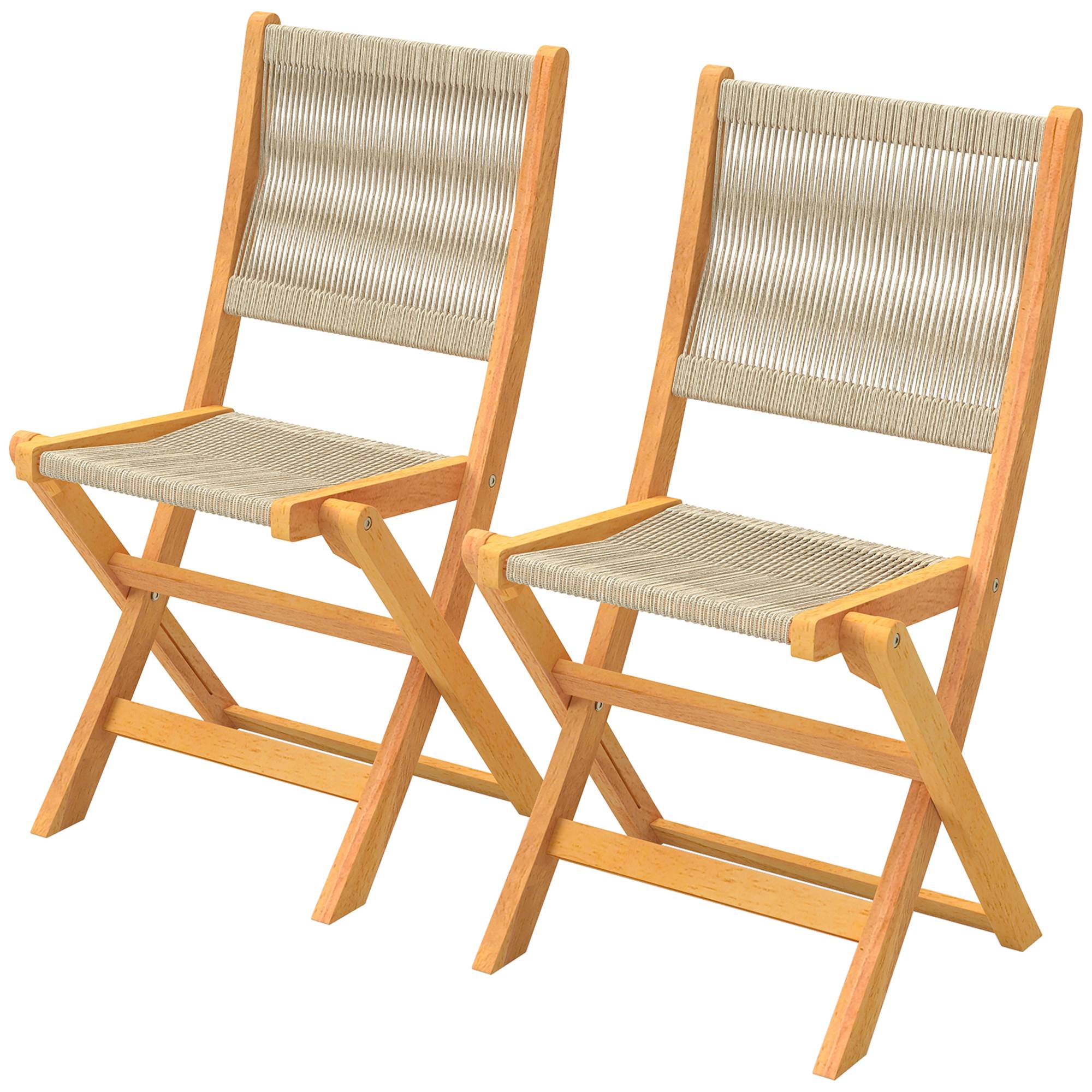 Lot de 2 Chaises de Jardin Pliantes Chaises de Balcon en Bois d'Acacia Assise en Corde Tressée Naturel et Beige - Image 2