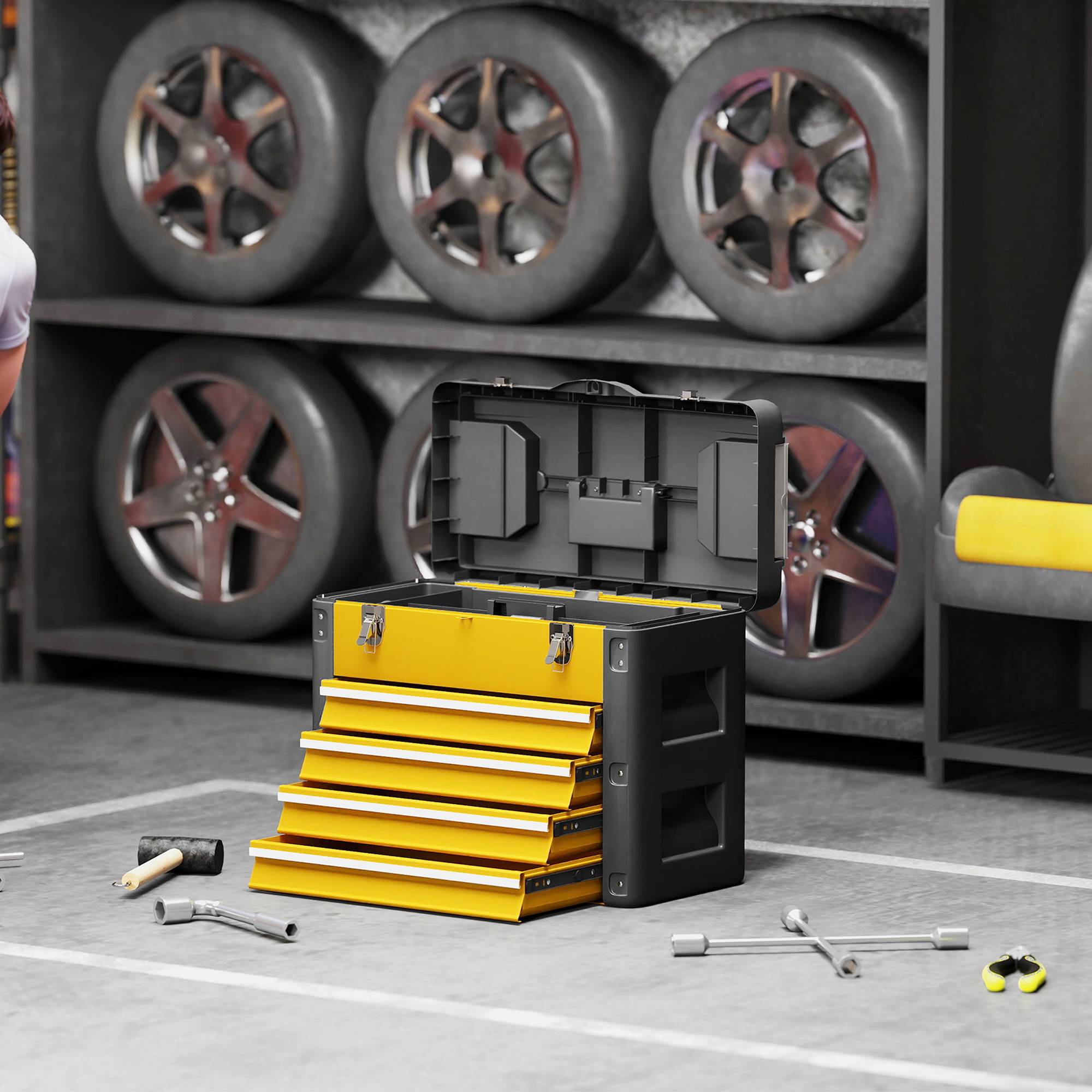Sans Marque - Boîte à outils vide, 49,7 x 25,3 x 40,7 cm boîte à outils avec 4 tiroirs, mini boîte acier jaune - Image 4