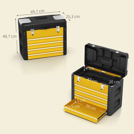 Sans Marque - Boîte à outils vide, 49,7 x 25,3 x 40,7 cm boîte à outils avec 4 tiroirs, mini boîte acier jaune - Image 5