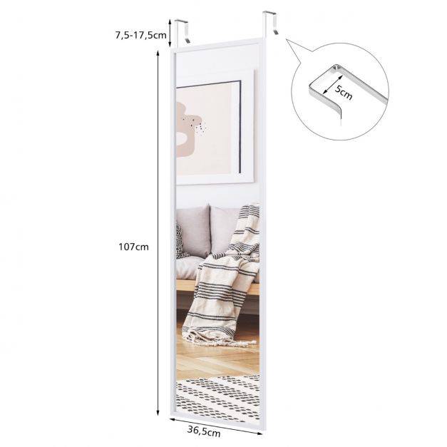 Helloshop26 - Miroir à suspendre sur porte avec crochets de suspension réglables en hauteur 36,5 x 107 cm blanc - Imagen 2