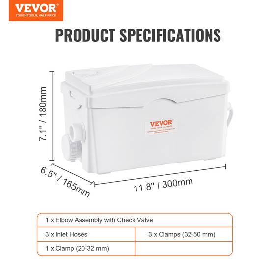 VEVOR Pompe macératrice 350W, 3 entrées eau, 6000 L/h, relevage 7 m, eaux usées sous-sol/cuisine. - Image 7